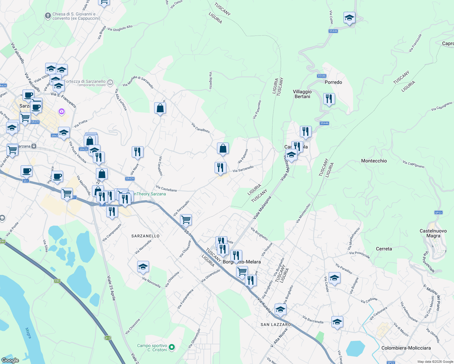 map of restaurants, bars, coffee shops, grocery stores, and more near 226B Via Sarzanello in Sarzana