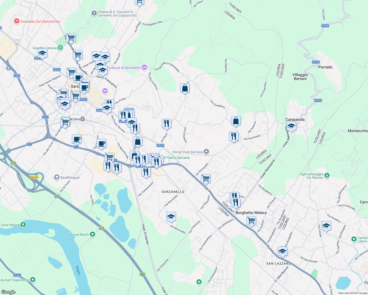 map of restaurants, bars, coffee shops, grocery stores, and more near 2 Via Canaletto in Sarzana