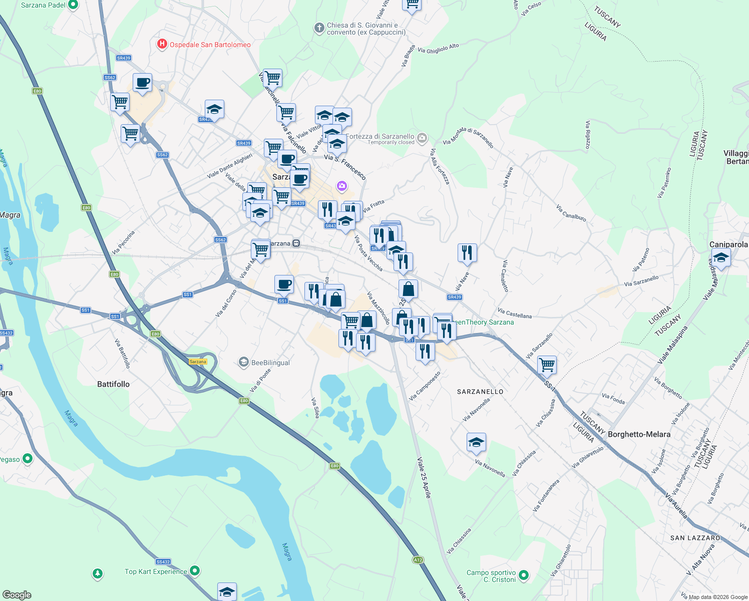 map of restaurants, bars, coffee shops, grocery stores, and more near 33 Via Mazzincollo in Sarzana
