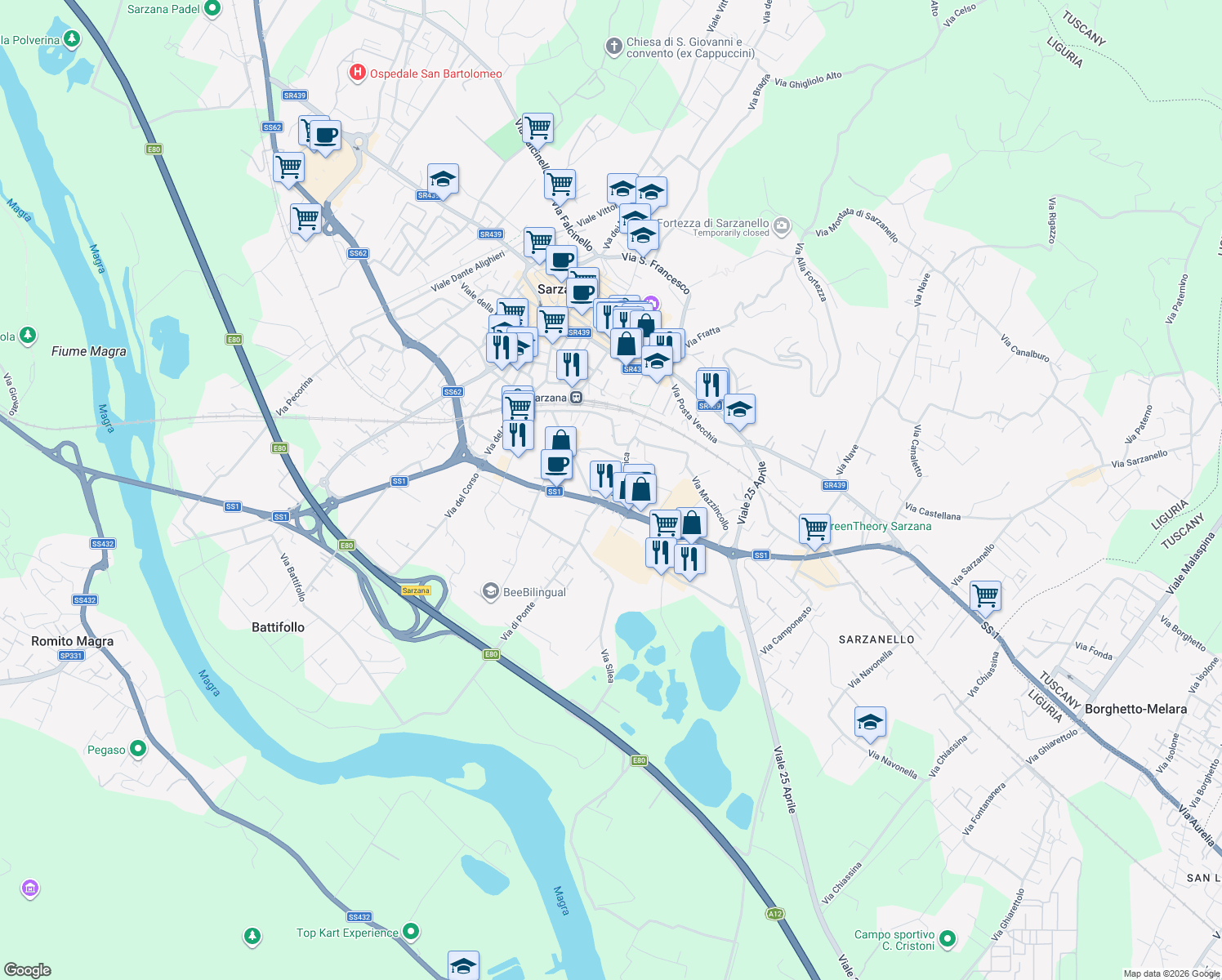 map of restaurants, bars, coffee shops, grocery stores, and more near 51 Via Crociata in Sarzana