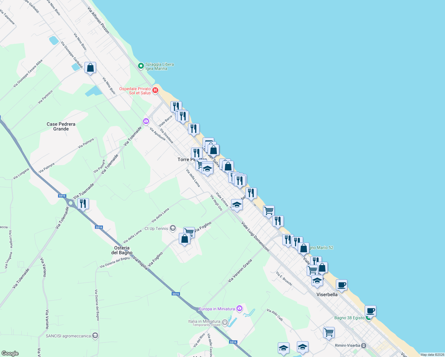 map of restaurants, bars, coffee shops, grocery stores, and more near in Rimini