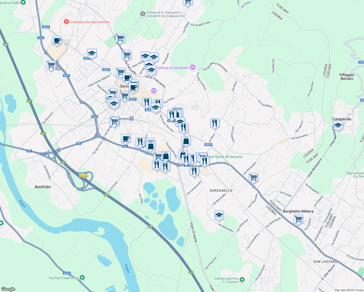 map of restaurants, bars, coffee shops, grocery stores, and more near 8 Viale 25 Aprile in Sarzana