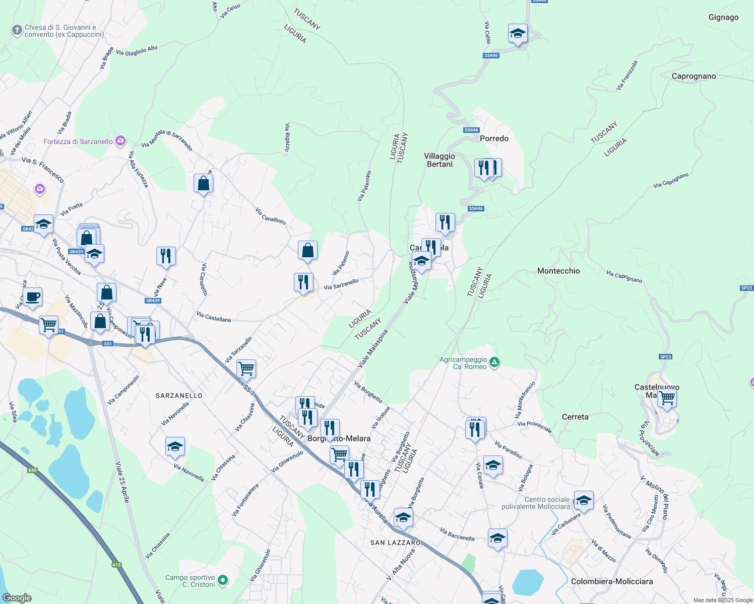 map of restaurants, bars, coffee shops, grocery stores, and more near 372 Via Sarzanello in Sarzana