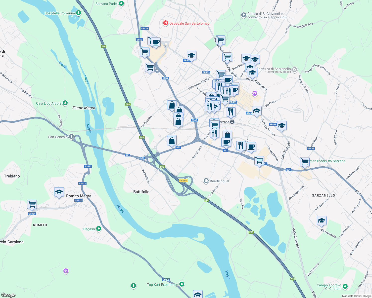 map of restaurants, bars, coffee shops, grocery stores, and more near Via Variante Aurelia in Sarzana