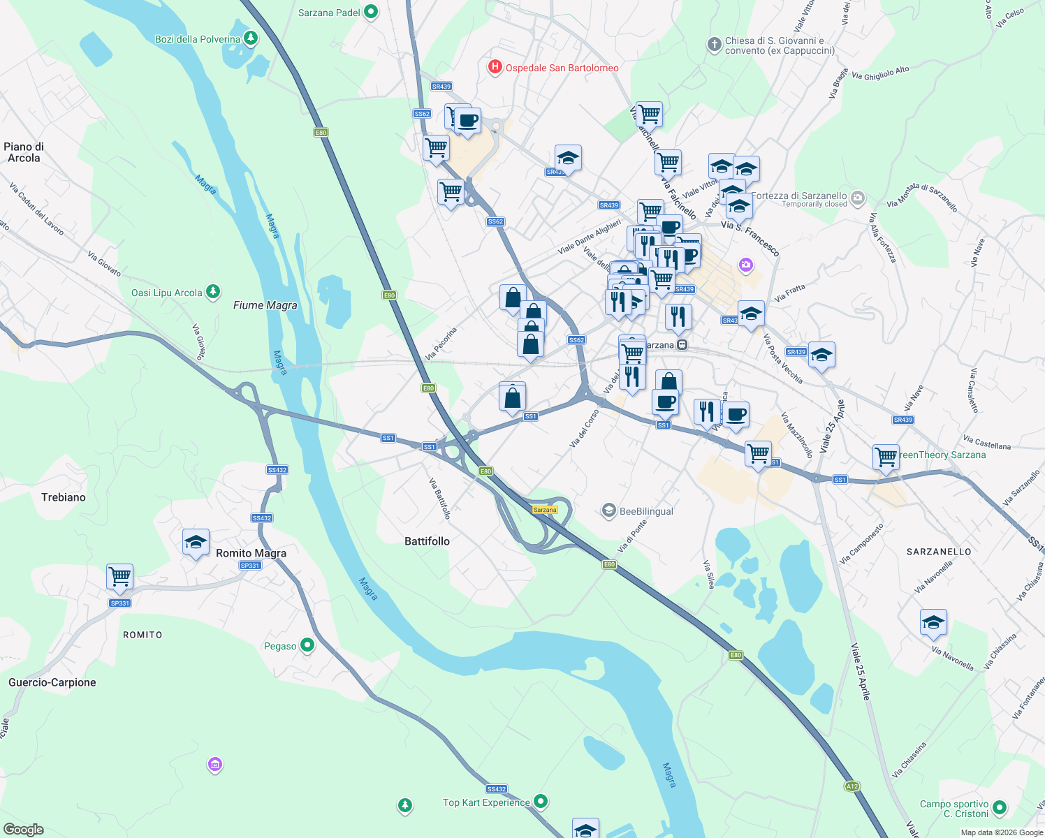 map of restaurants, bars, coffee shops, grocery stores, and more near 39 Via Aurelia in Sarzana