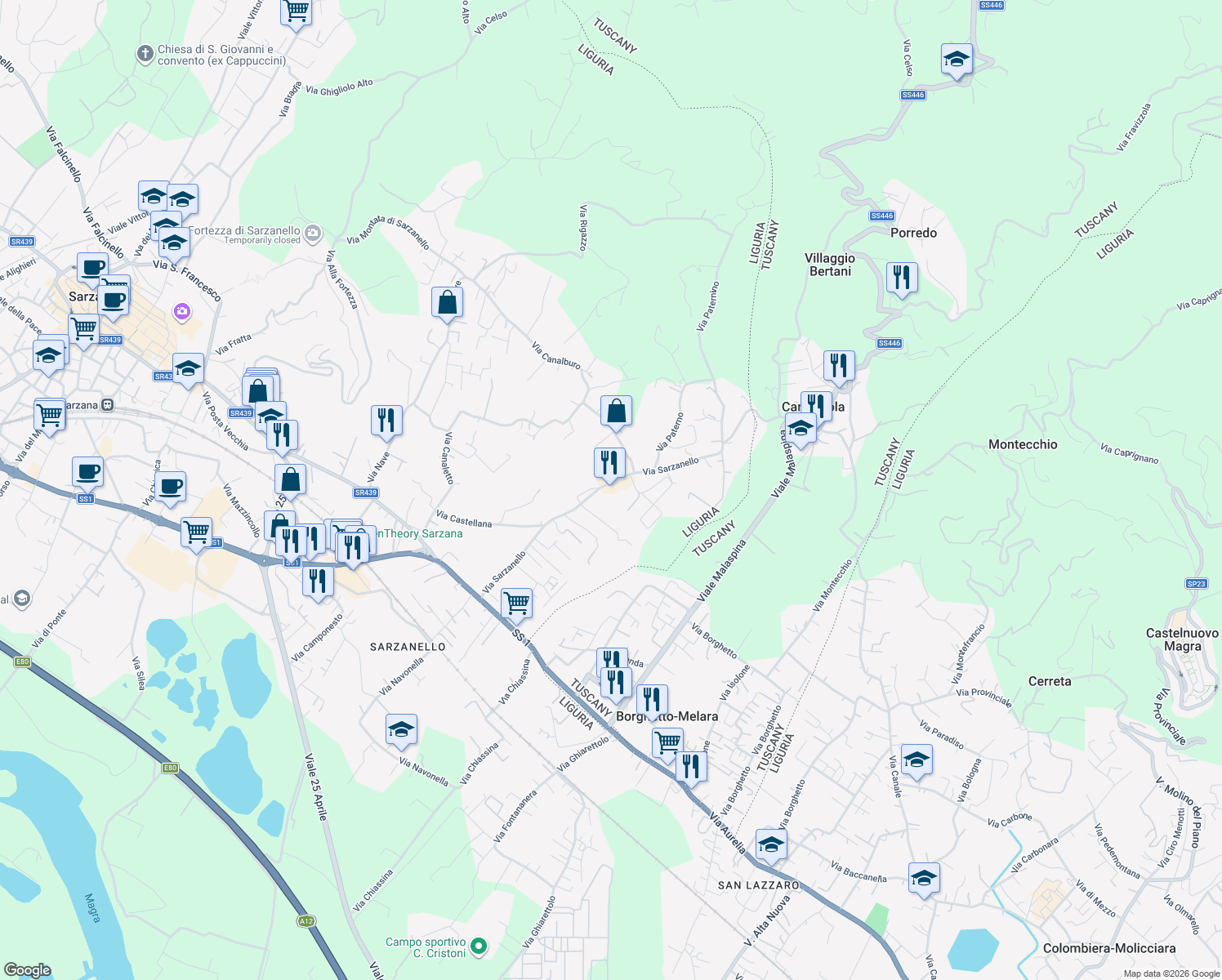 map of restaurants, bars, coffee shops, grocery stores, and more near 226B Via Sarzanello in Sarzana