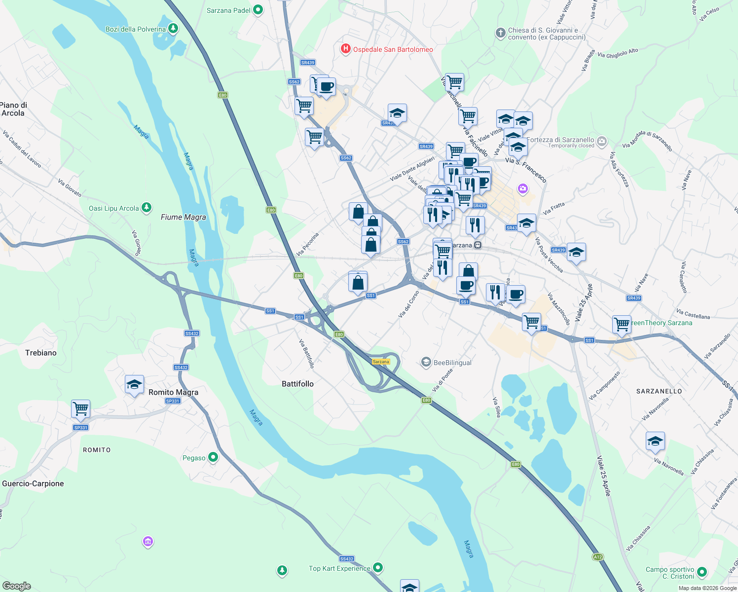 map of restaurants, bars, coffee shops, grocery stores, and more near 39 Via Aurelia in Sarzana