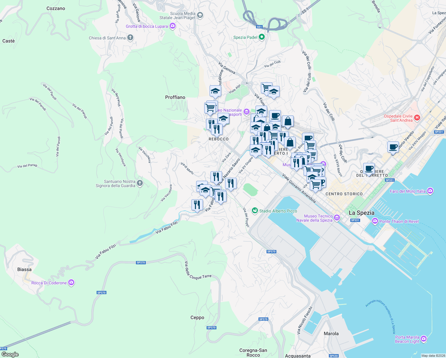 map of restaurants, bars, coffee shops, grocery stores, and more near 58 Viale Nazario Sauro in La Spezia