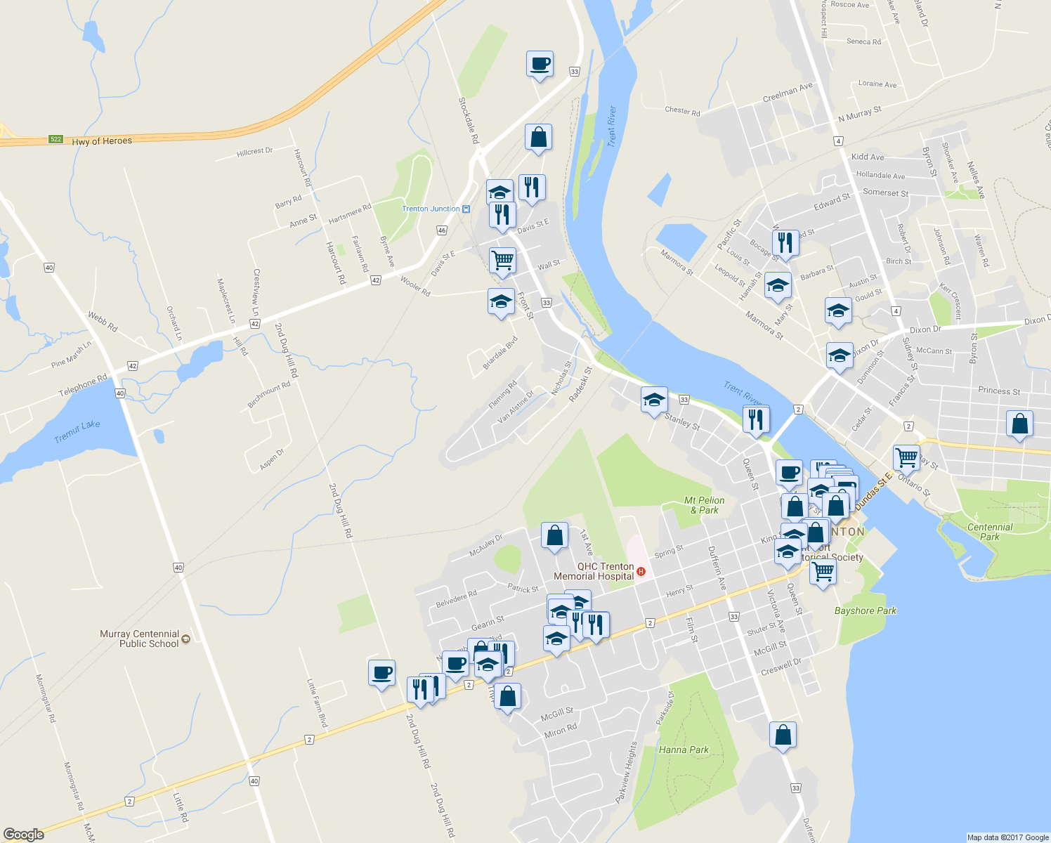 map of restaurants, bars, coffee shops, grocery stores, and more near Nicholas Street in Quinte West