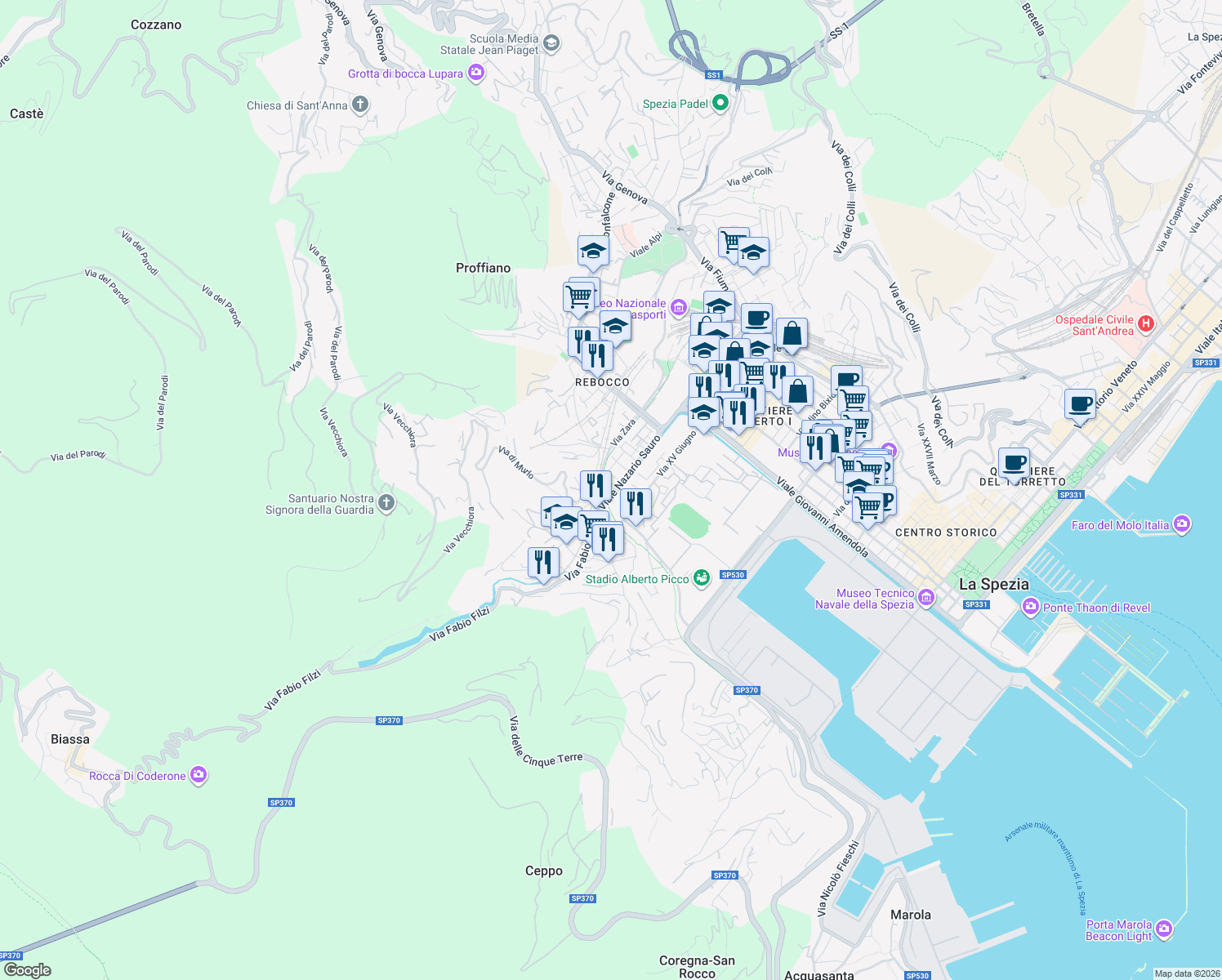 map of restaurants, bars, coffee shops, grocery stores, and more near 58 Viale Nazario Sauro in La Spezia