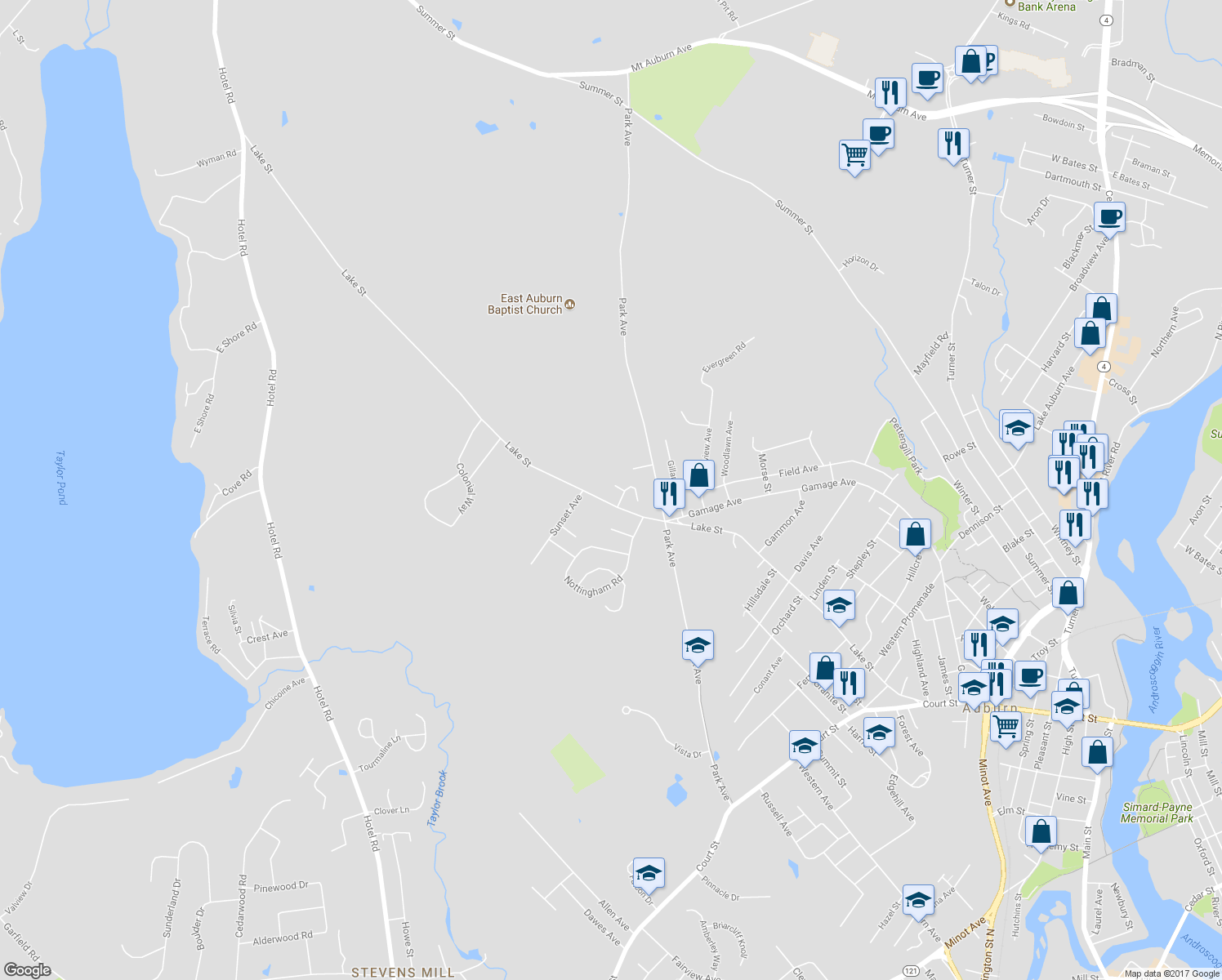 map of restaurants, bars, coffee shops, grocery stores, and more near 8 Birch Pl in Auburn