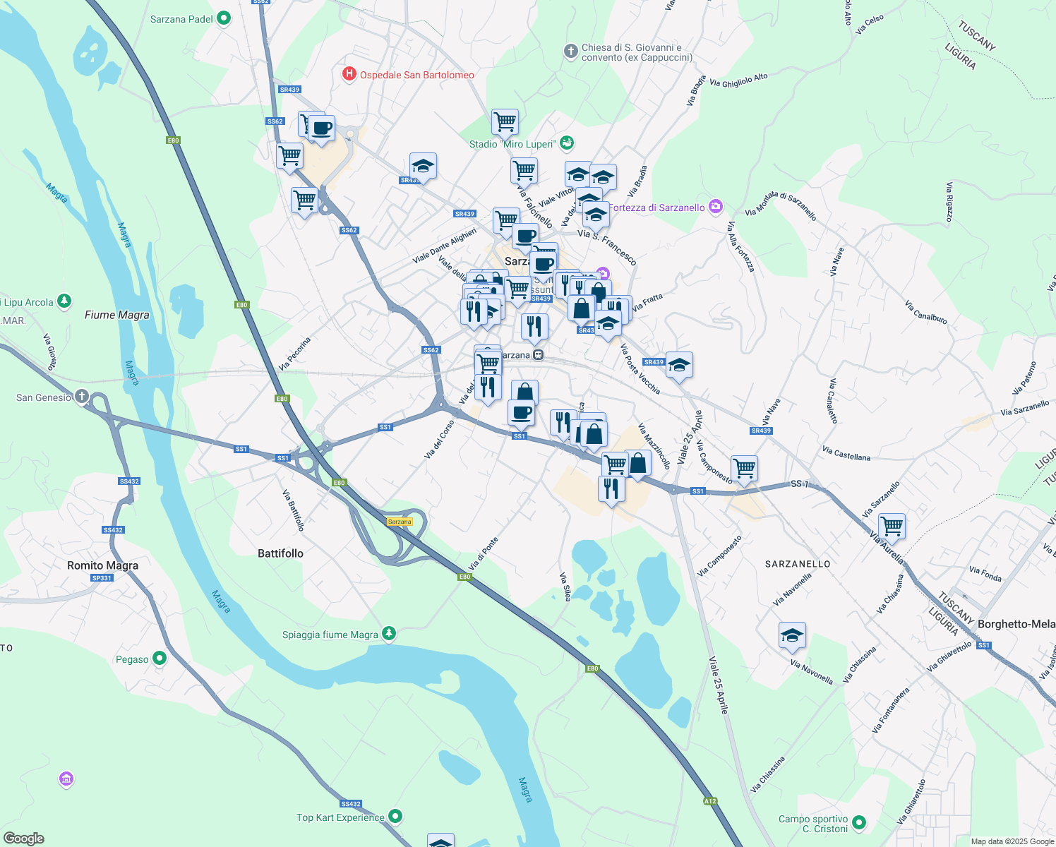 map of restaurants, bars, coffee shops, grocery stores, and more near 34 Via Privata Ghiggini in Sarzana