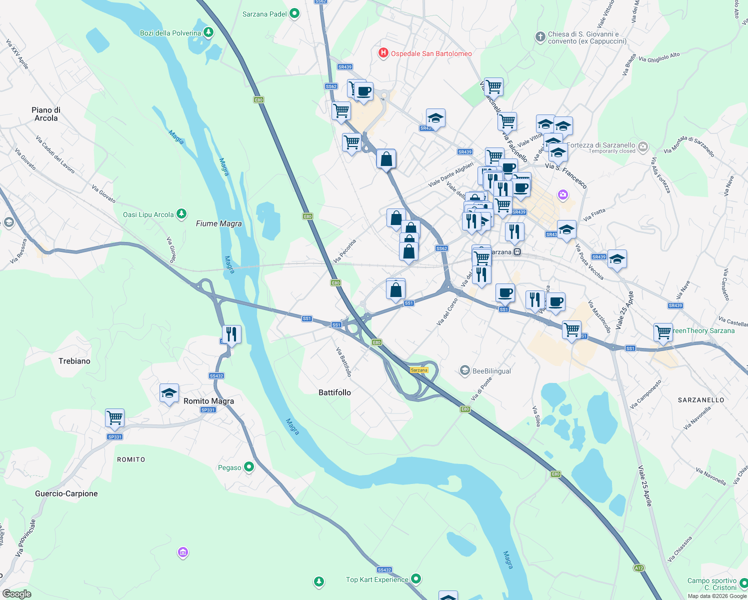 map of restaurants, bars, coffee shops, grocery stores, and more near 171A Via Brigata Partigiana Ugo Muccini in Sarzana