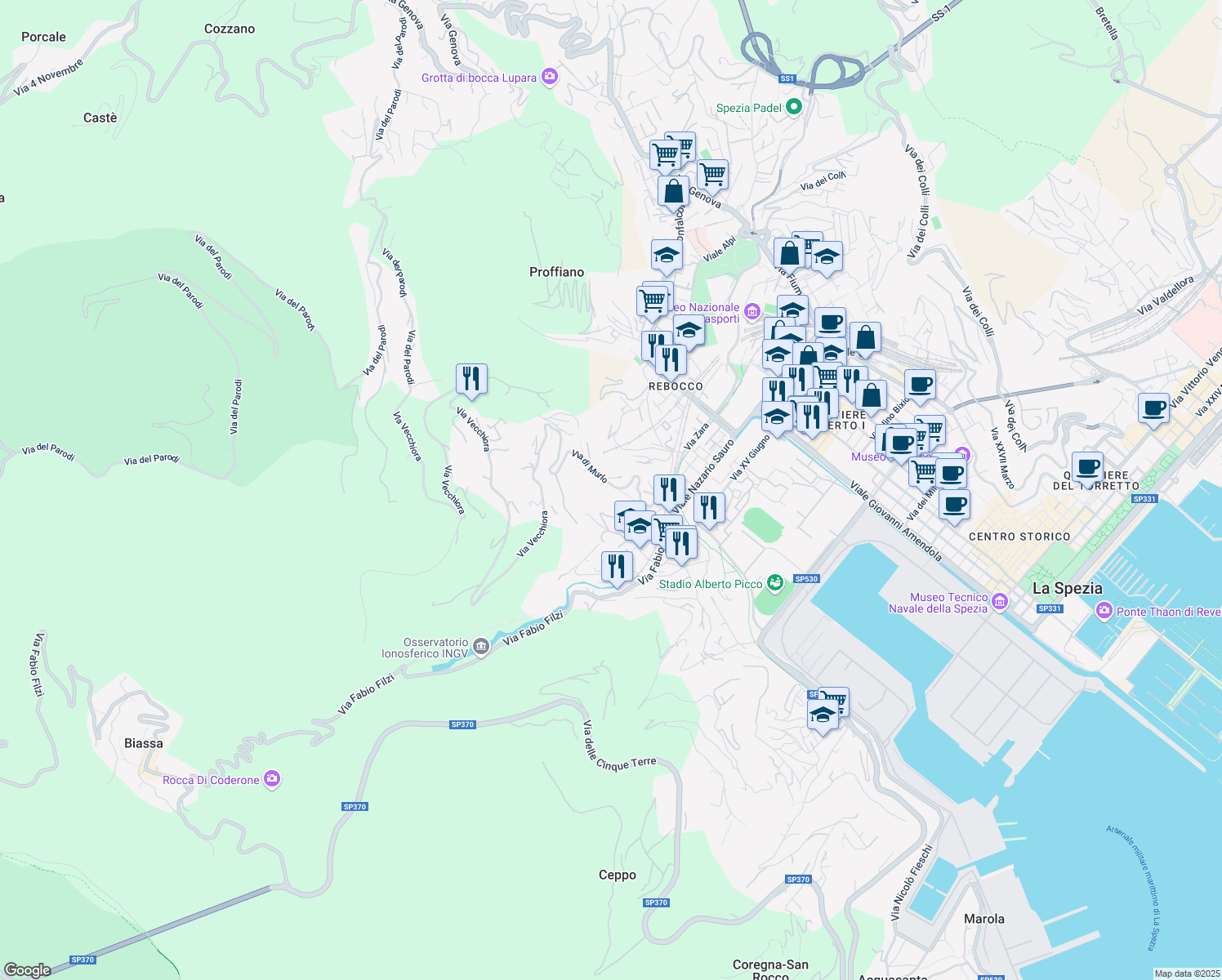 map of restaurants, bars, coffee shops, grocery stores, and more near 35 Via di Murlo in La Spezia