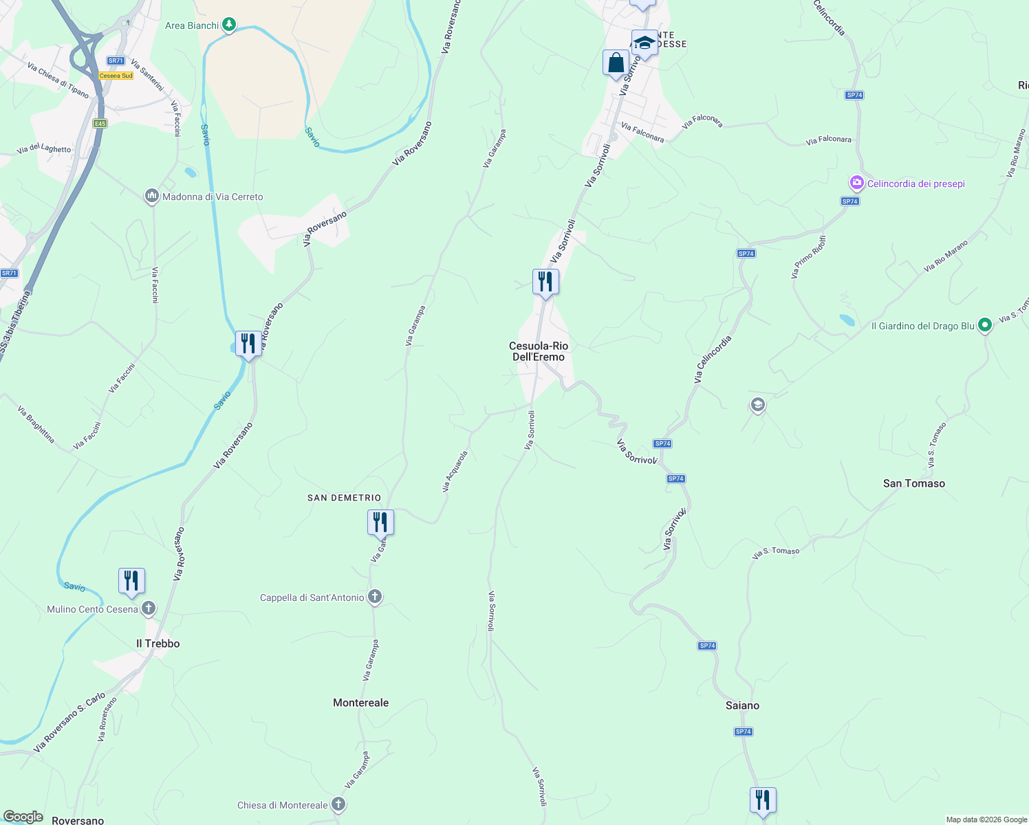 map of restaurants, bars, coffee shops, grocery stores, and more near 415 Via Acquarola in Provincia di Forlì-Cesena
