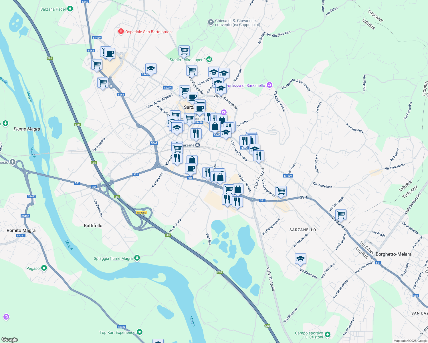 map of restaurants, bars, coffee shops, grocery stores, and more near 10 Via Chiavica in Sarzana