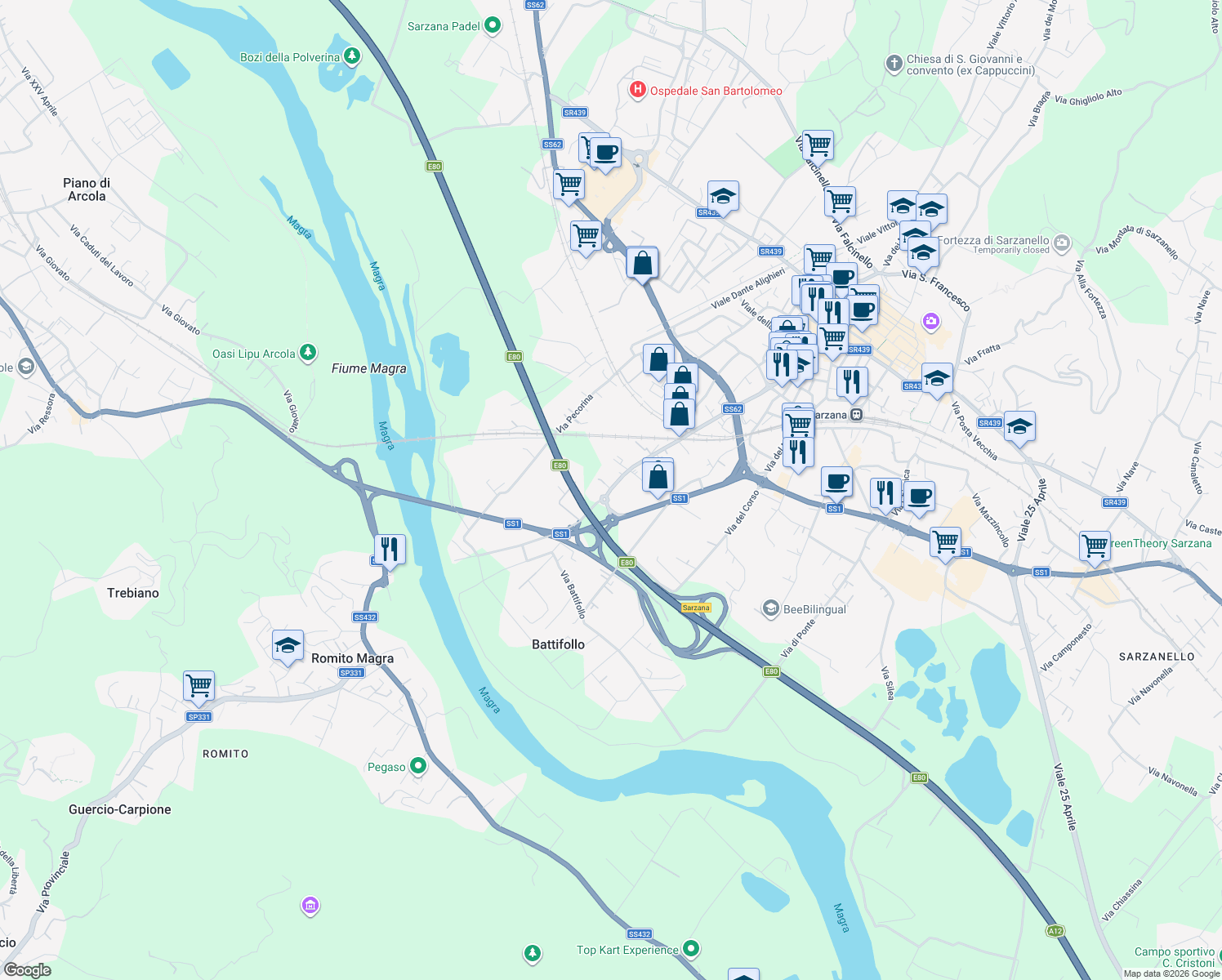 map of restaurants, bars, coffee shops, grocery stores, and more near 171A Via Brigata Partigiana Ugo Muccini in Sarzana