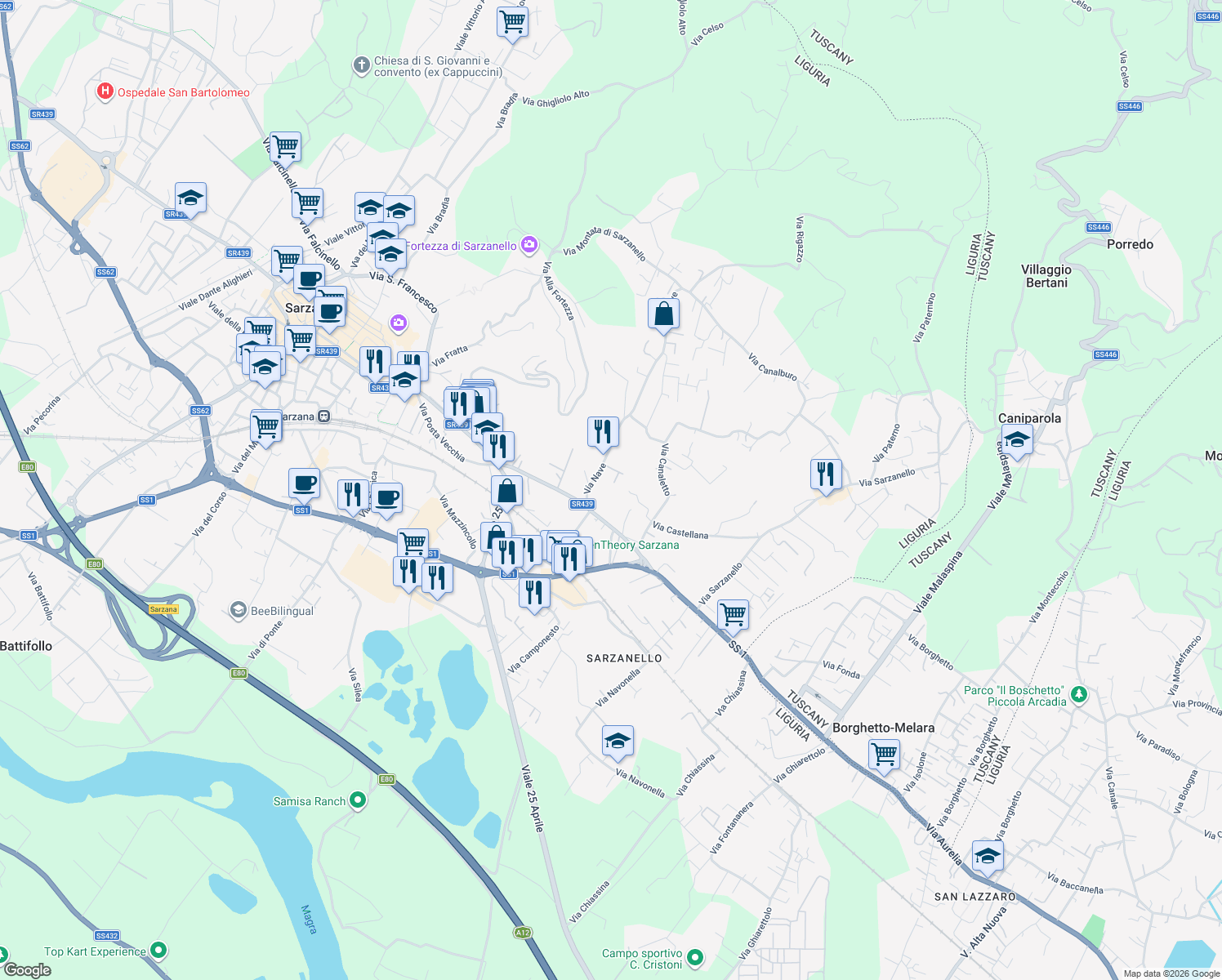 map of restaurants, bars, coffee shops, grocery stores, and more near 4 Via Nave in Sarzana
