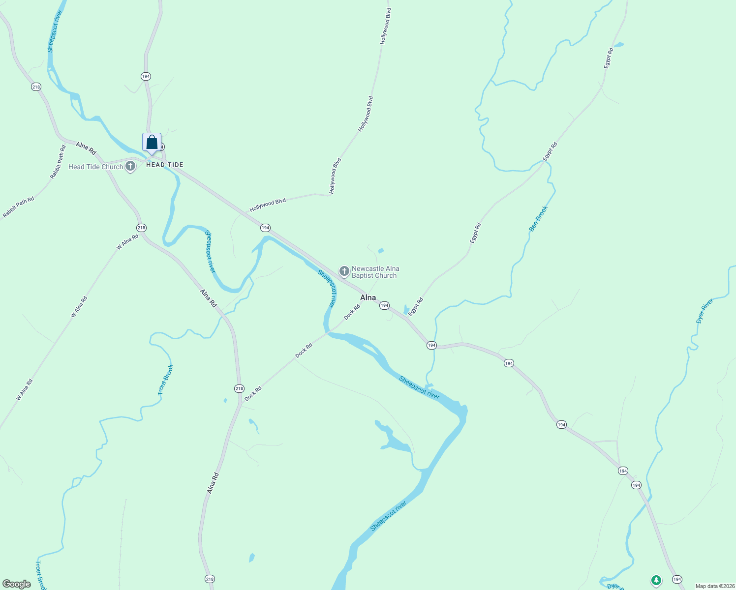 map of restaurants, bars, coffee shops, grocery stores, and more near 159 Dock Road in Alna