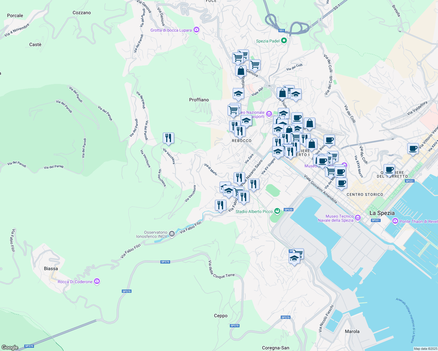 map of restaurants, bars, coffee shops, grocery stores, and more near 35 Via di Murlo in La Spezia