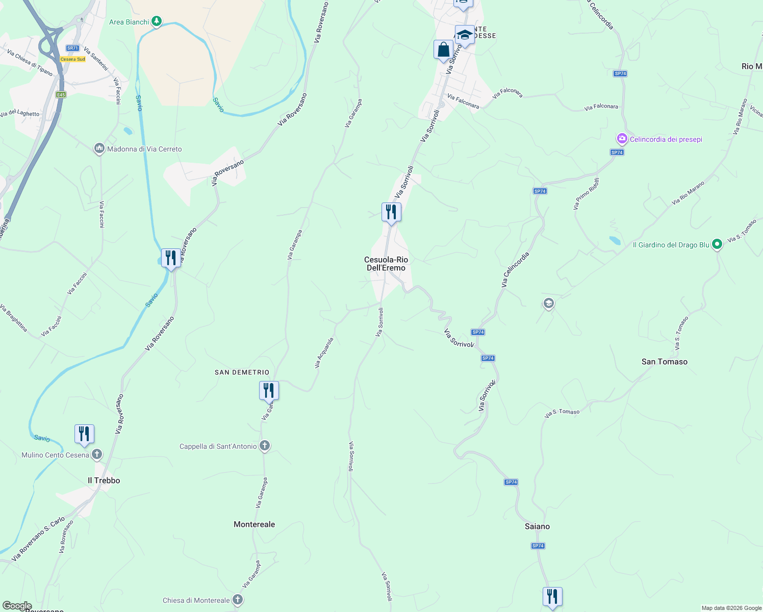 map of restaurants, bars, coffee shops, grocery stores, and more near 415 Via Acquarola in Provincia di Forlì-Cesena
