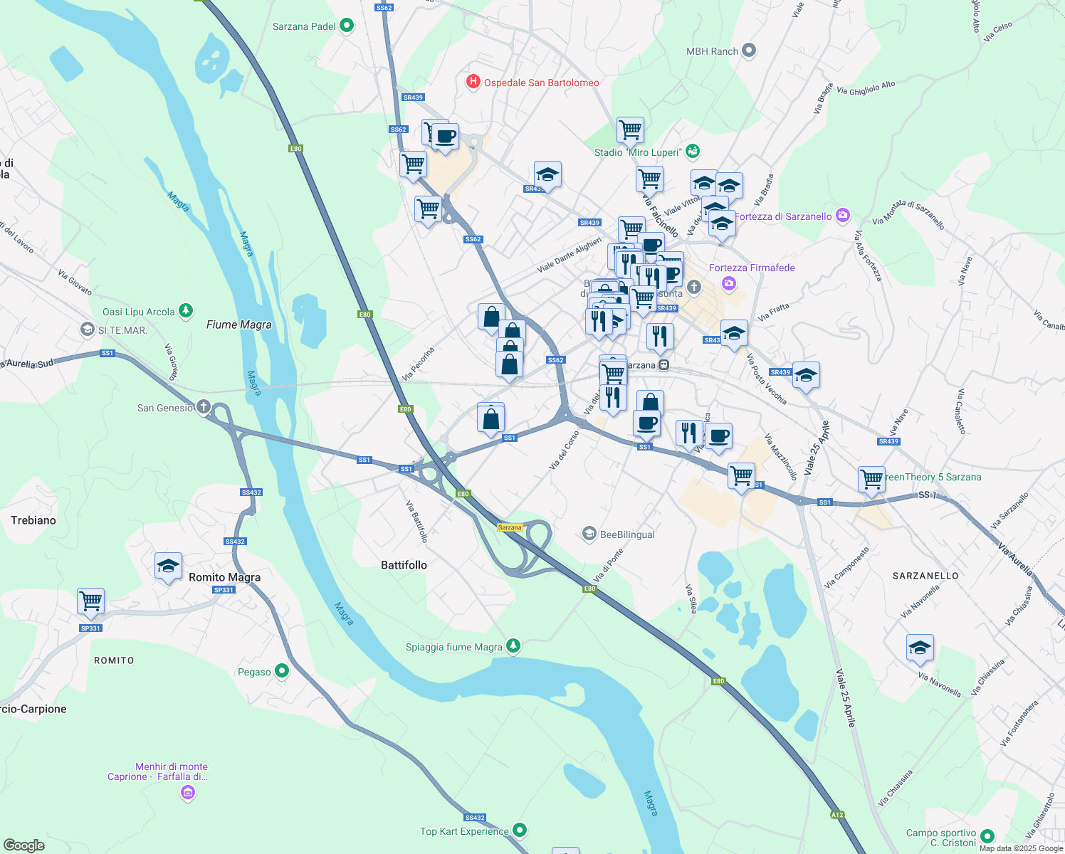 map of restaurants, bars, coffee shops, grocery stores, and more near 4 Via Variante Aurelia in Sarzana