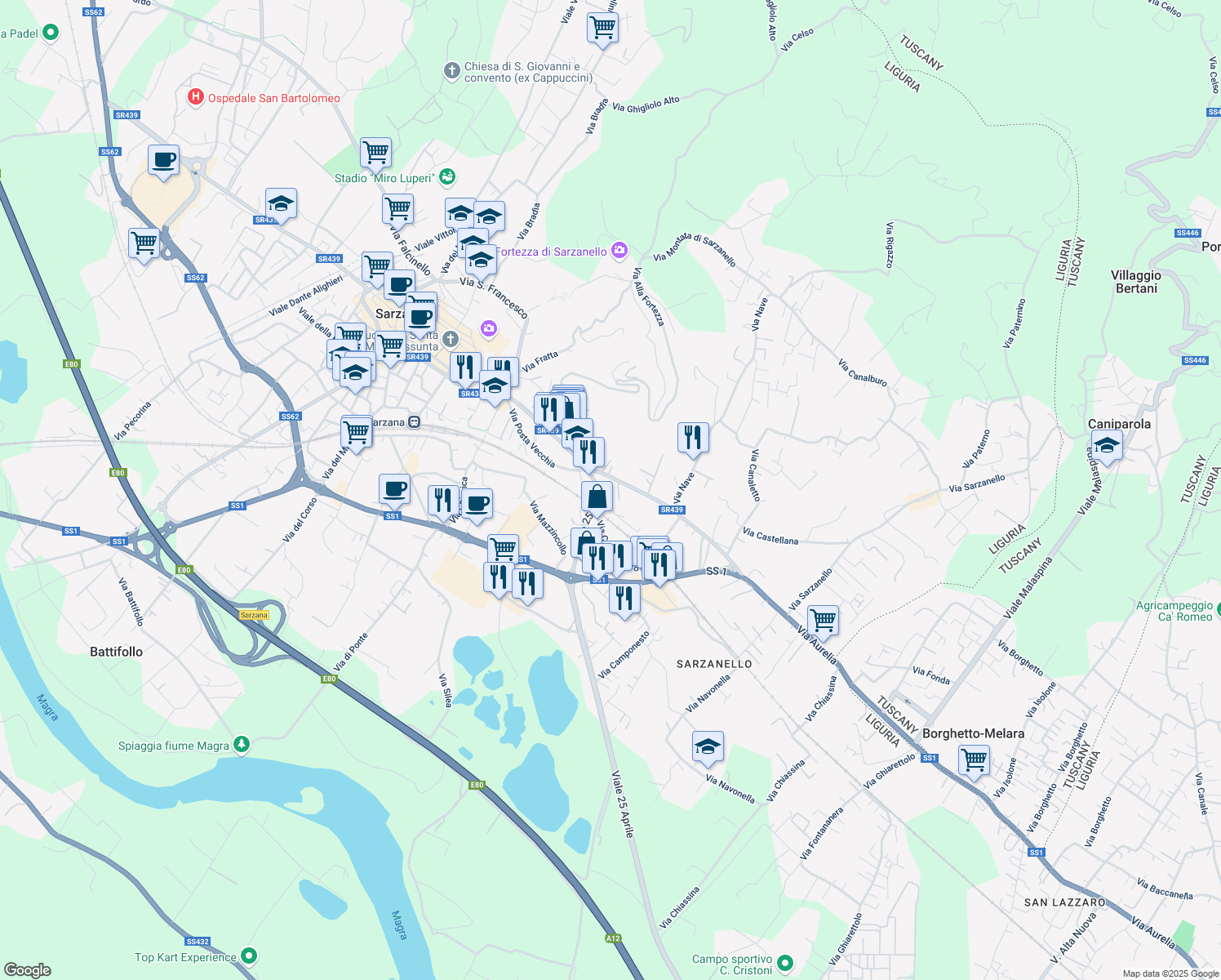 map of restaurants, bars, coffee shops, grocery stores, and more near Viale XXV Aprile in Sarzana