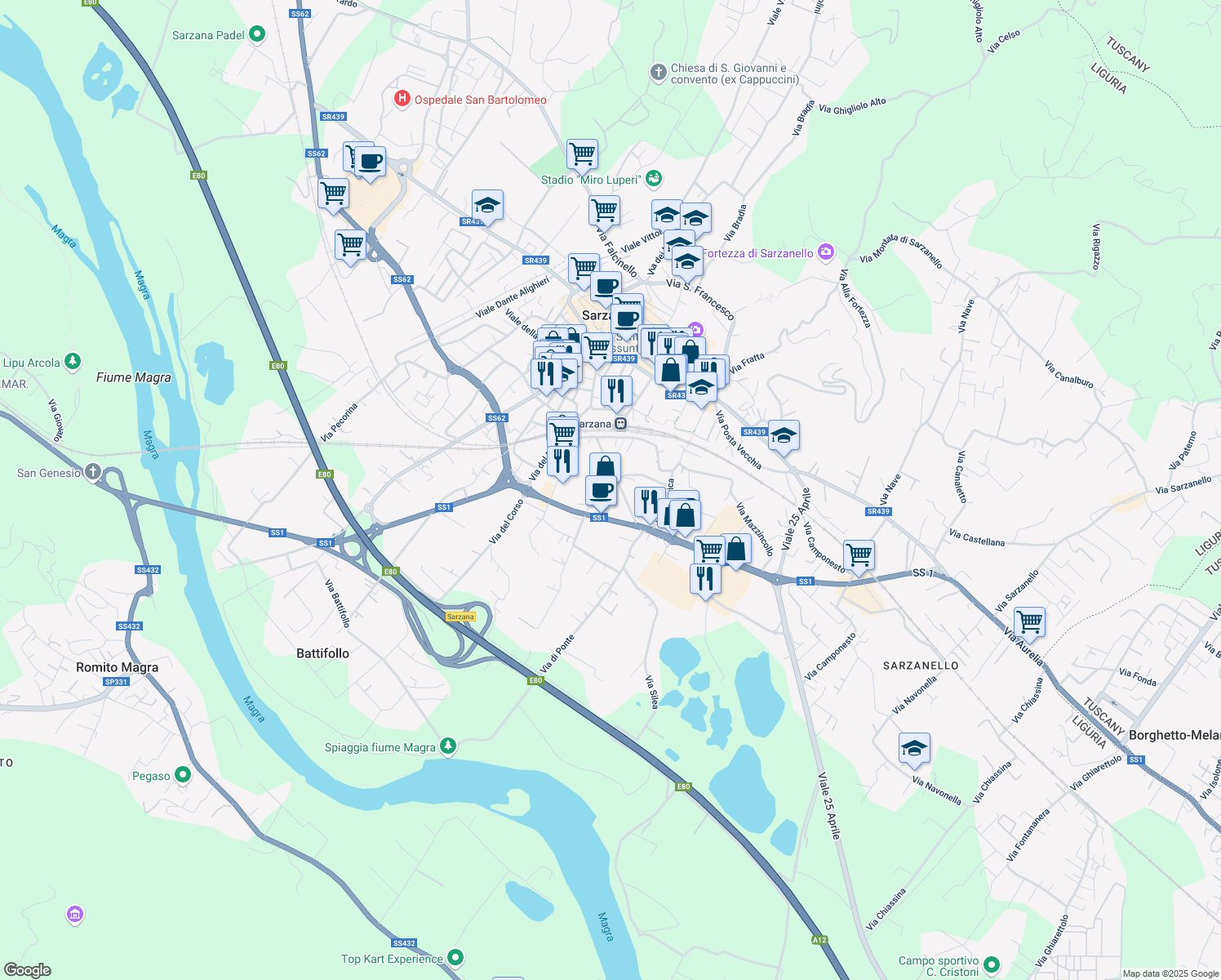 map of restaurants, bars, coffee shops, grocery stores, and more near 34 Via Privata Ghiggini in Sarzana