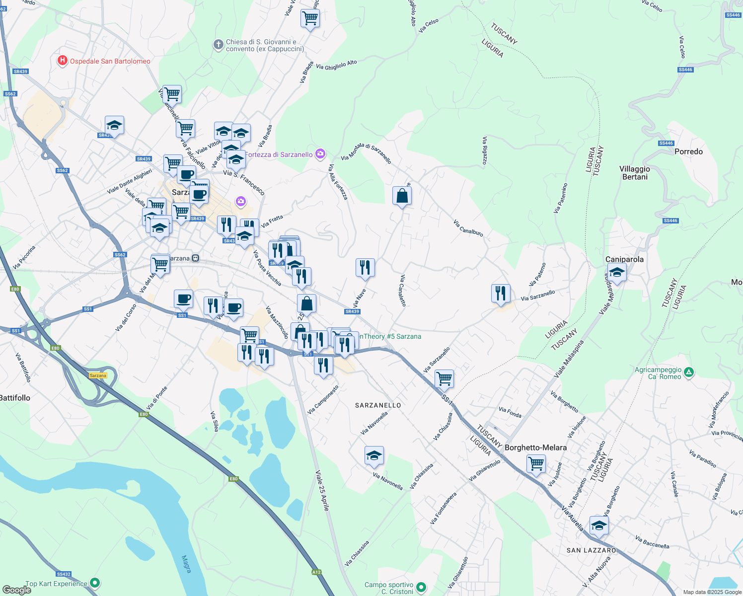 map of restaurants, bars, coffee shops, grocery stores, and more near 4 Via Nave in Sarzana