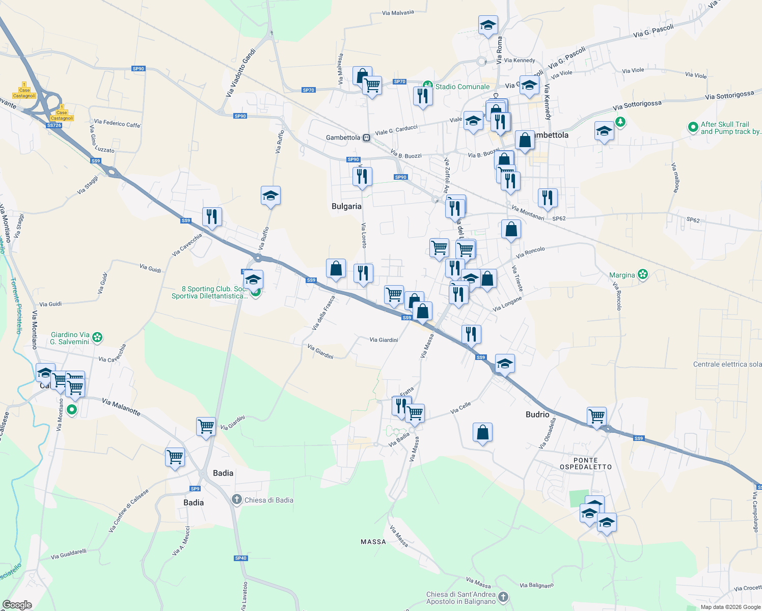 map of restaurants, bars, coffee shops, grocery stores, and more near 5551 Via Emilia Levante in Cesena