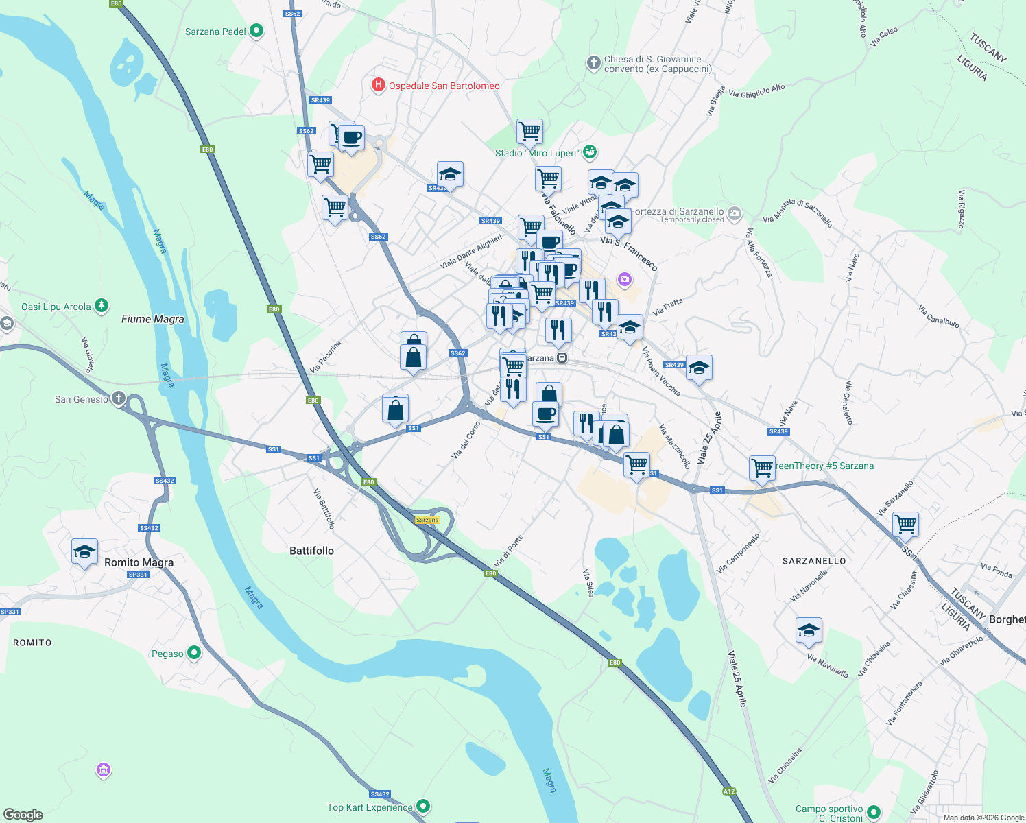 map of restaurants, bars, coffee shops, grocery stores, and more near 87 Via Variante Aurelia in Sarzana