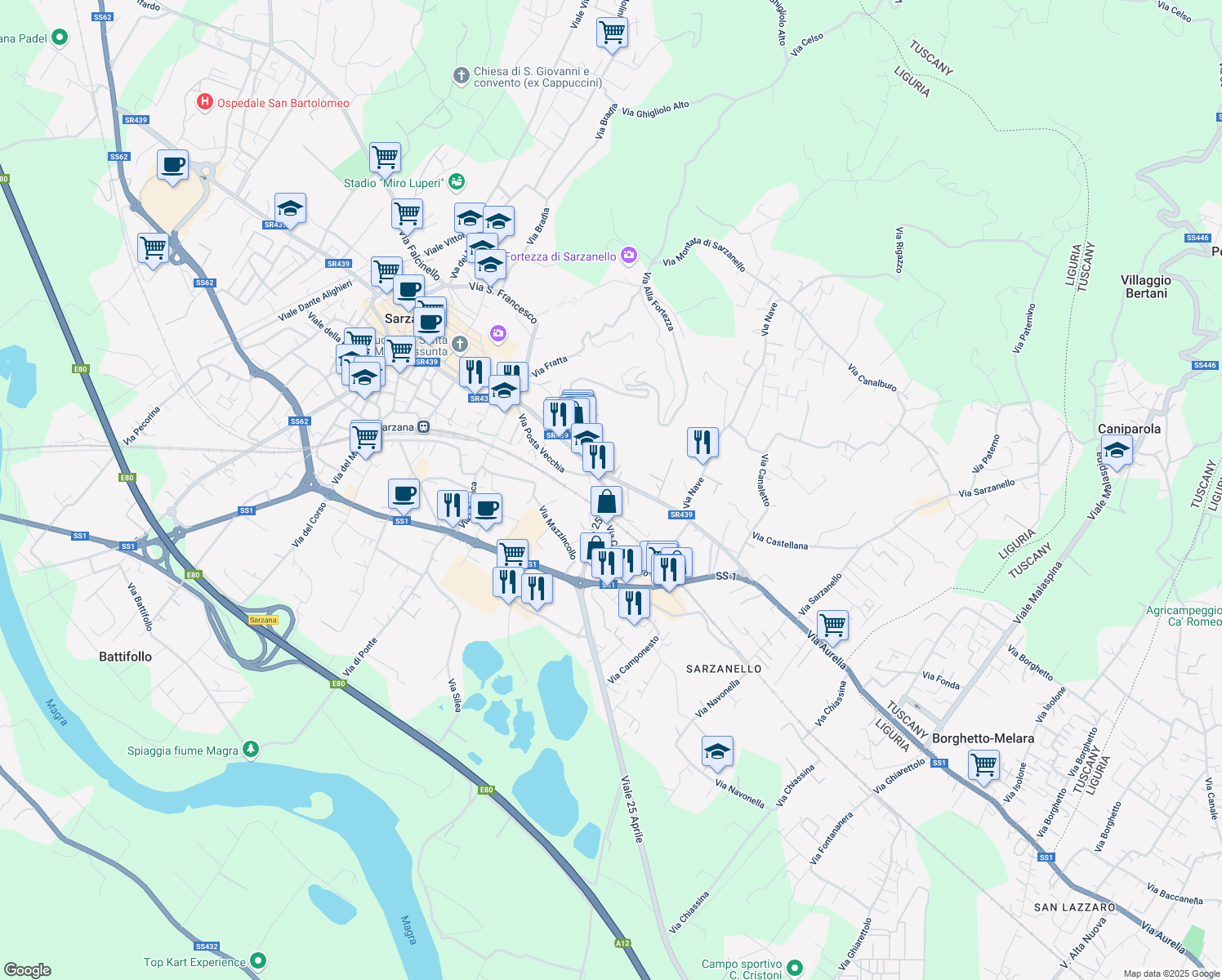 map of restaurants, bars, coffee shops, grocery stores, and more near Viale XXV Aprile in Sarzana