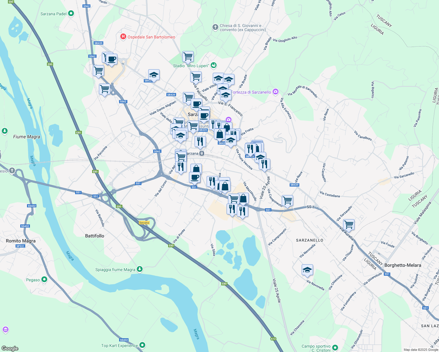 map of restaurants, bars, coffee shops, grocery stores, and more near 10 Via Chiavica in Sarzana
