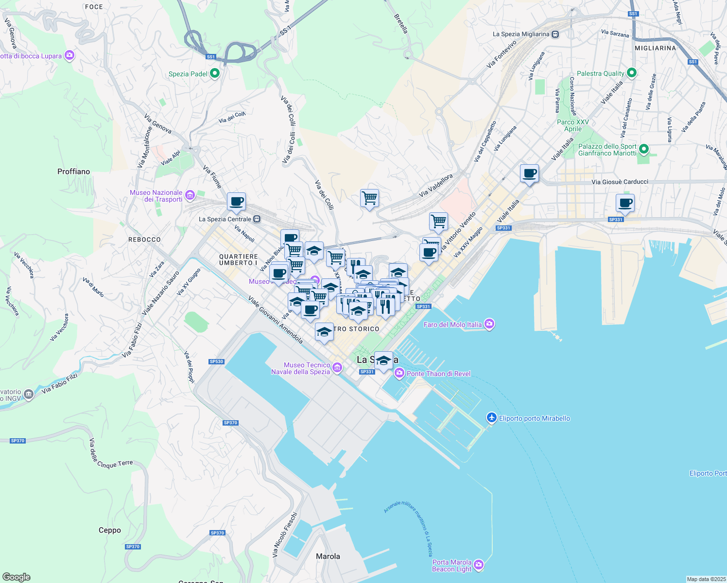map of restaurants, bars, coffee shops, grocery stores, and more near 30 Via XXVII Marzo in La Spezia