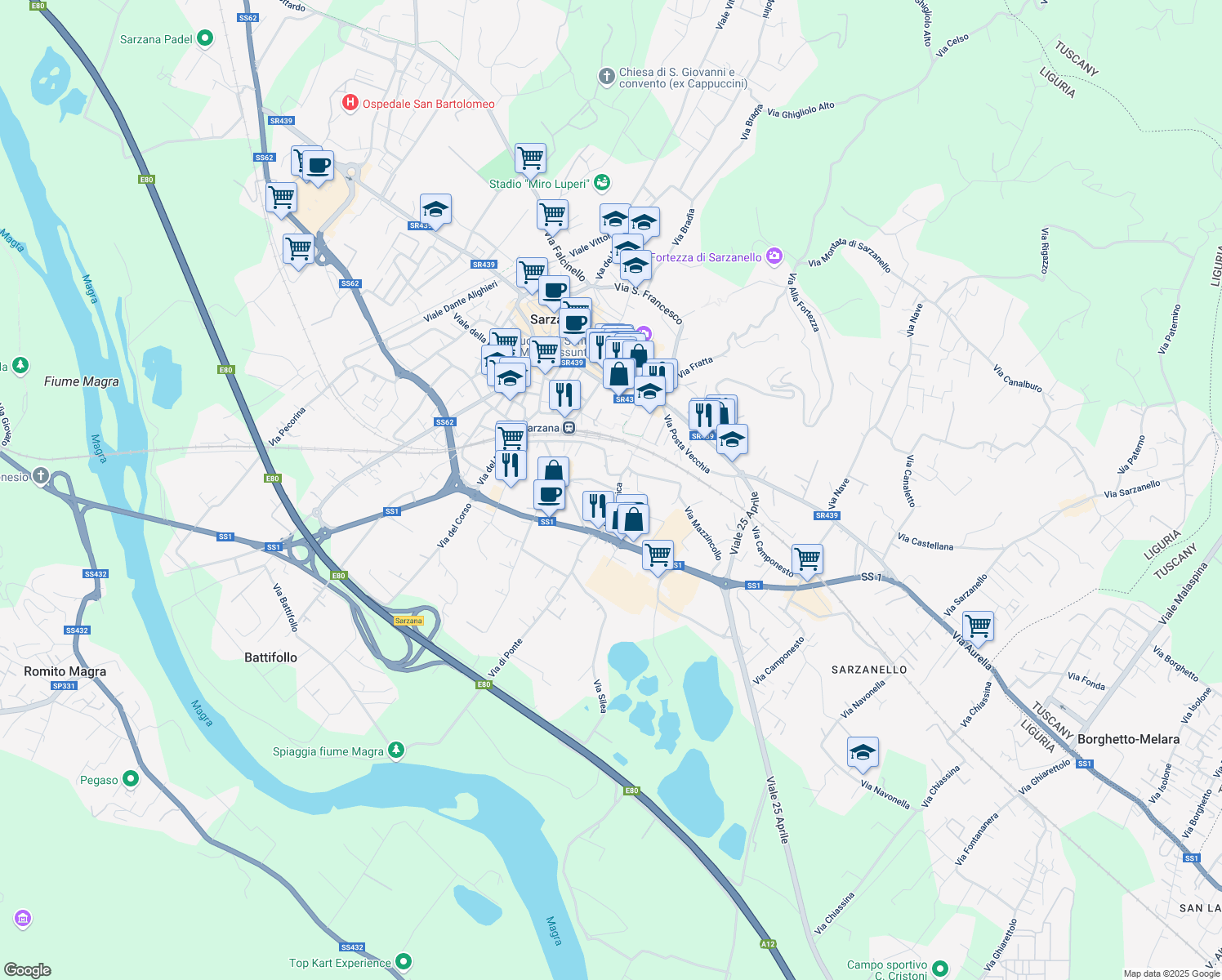 map of restaurants, bars, coffee shops, grocery stores, and more near 13 Via Marina in Sarzana