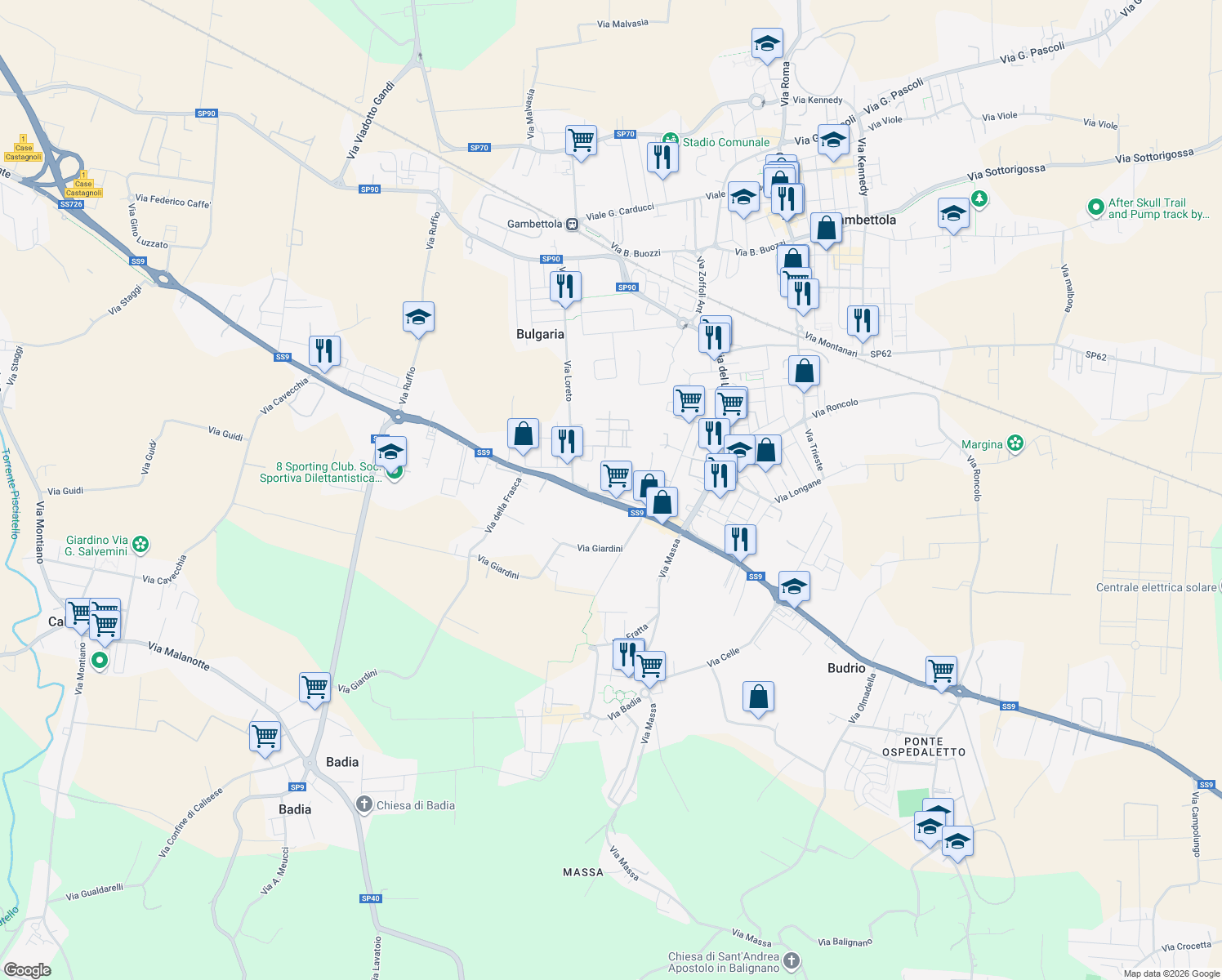 map of restaurants, bars, coffee shops, grocery stores, and more near 5551 Via Emilia Levante in Cesena
