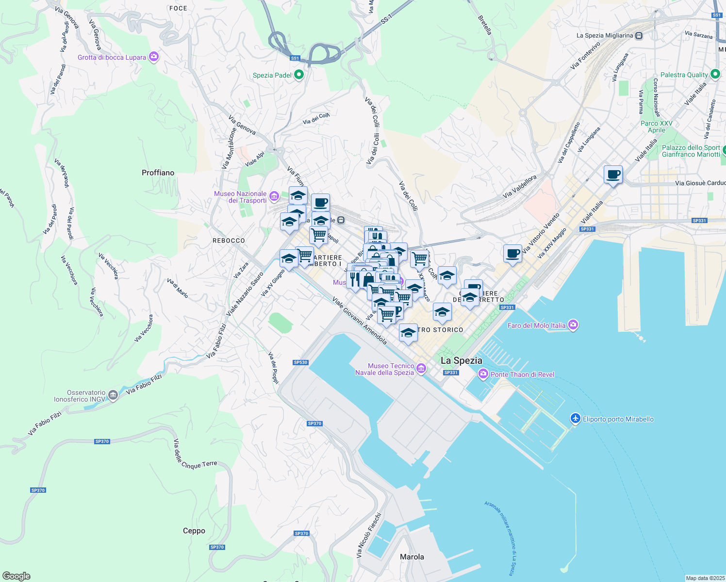 map of restaurants, bars, coffee shops, grocery stores, and more near 205 Corso Cavour in La Spezia