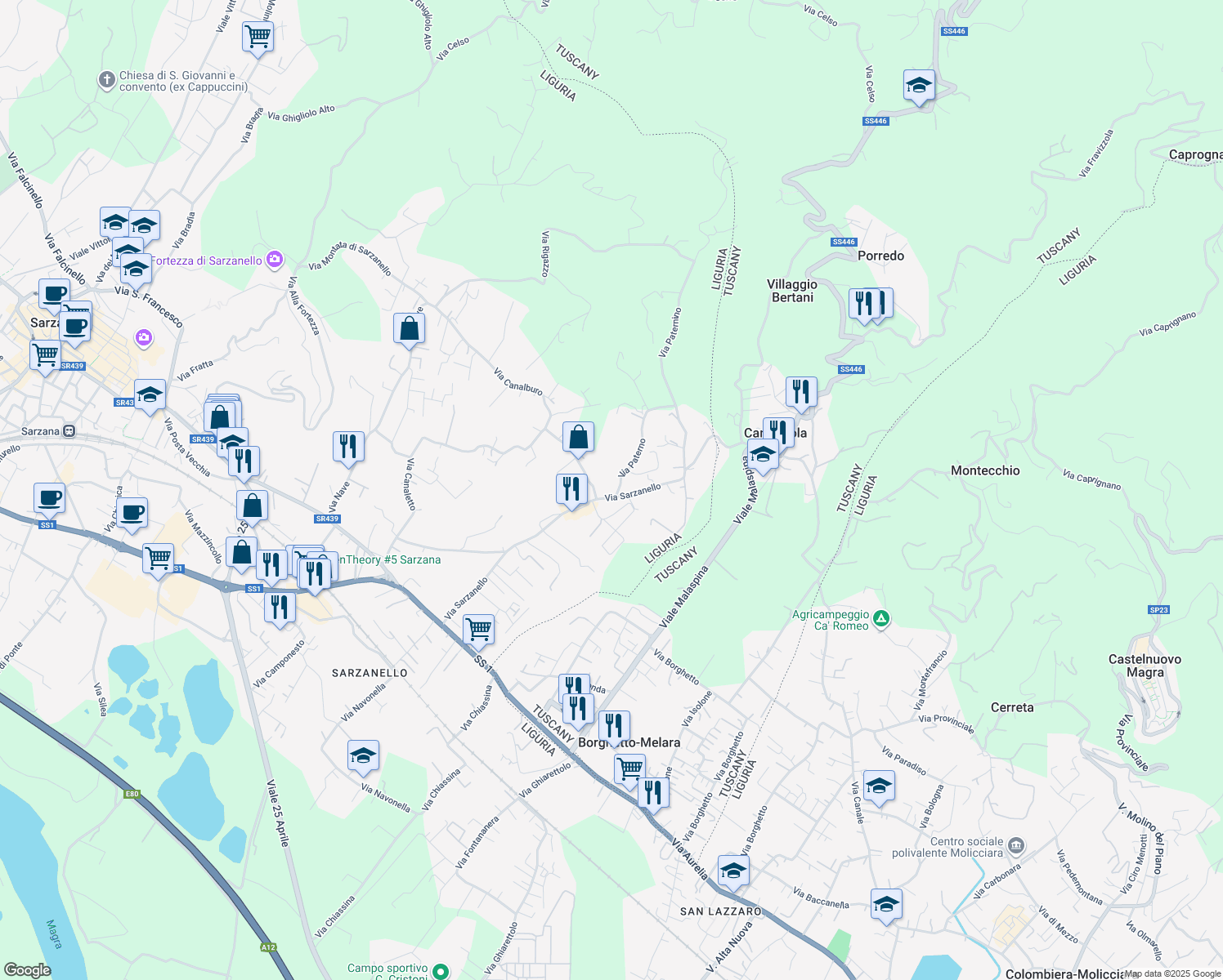 map of restaurants, bars, coffee shops, grocery stores, and more near 2 Via Canalburo in Sarzana