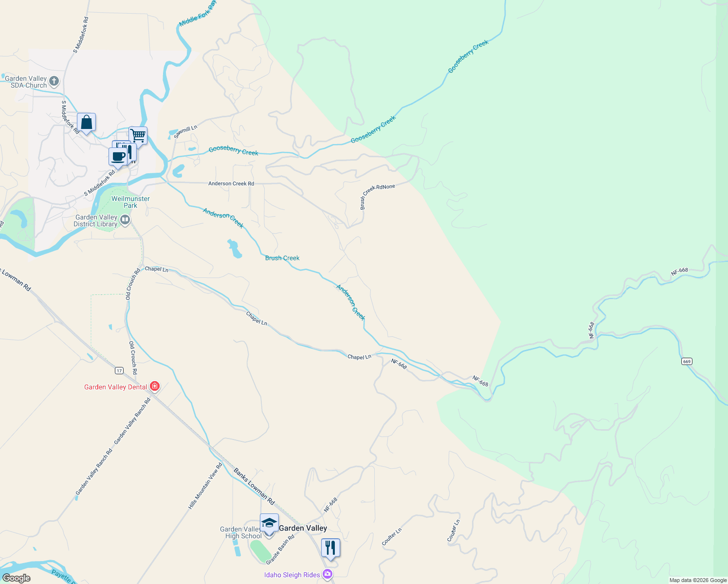 map of restaurants, bars, coffee shops, grocery stores, and more near 163 Anderson Creek Road in Garden Valley