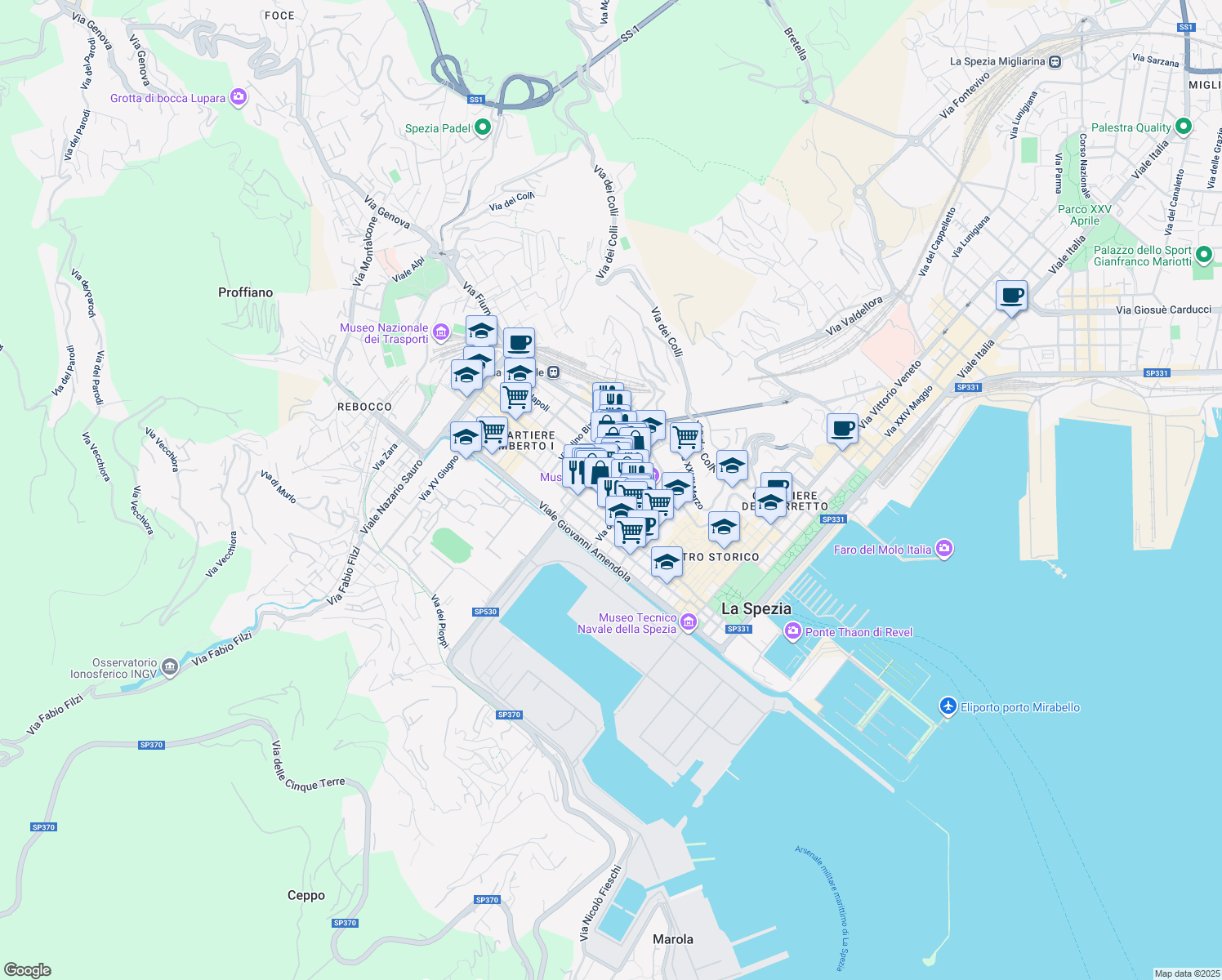 map of restaurants, bars, coffee shops, grocery stores, and more near 205 Corso Cavour in La Spezia