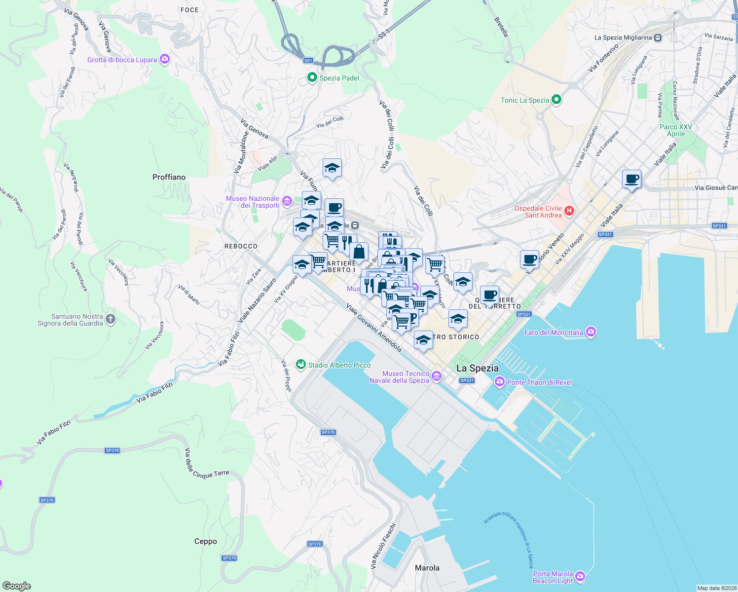 map of restaurants, bars, coffee shops, grocery stores, and more near Corso Cavour in La Spezia