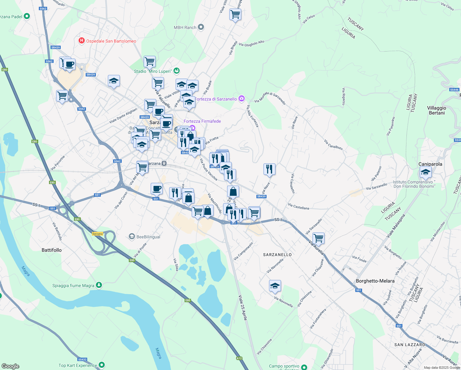 map of restaurants, bars, coffee shops, grocery stores, and more near 131 Viale Giuseppe Mazzini in Sarzana