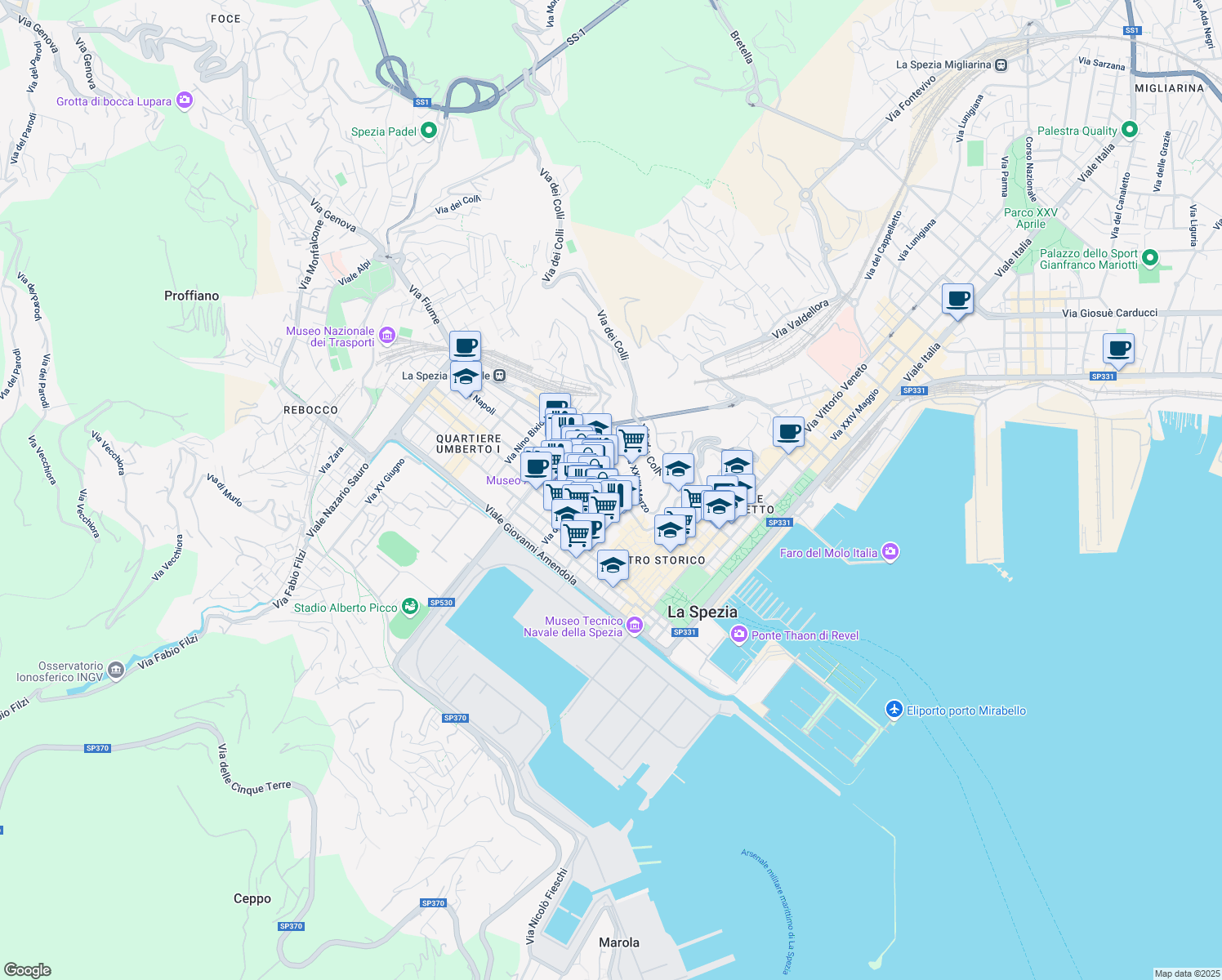 map of restaurants, bars, coffee shops, grocery stores, and more near 29 Via del Vecchio Ospedale in La Spezia