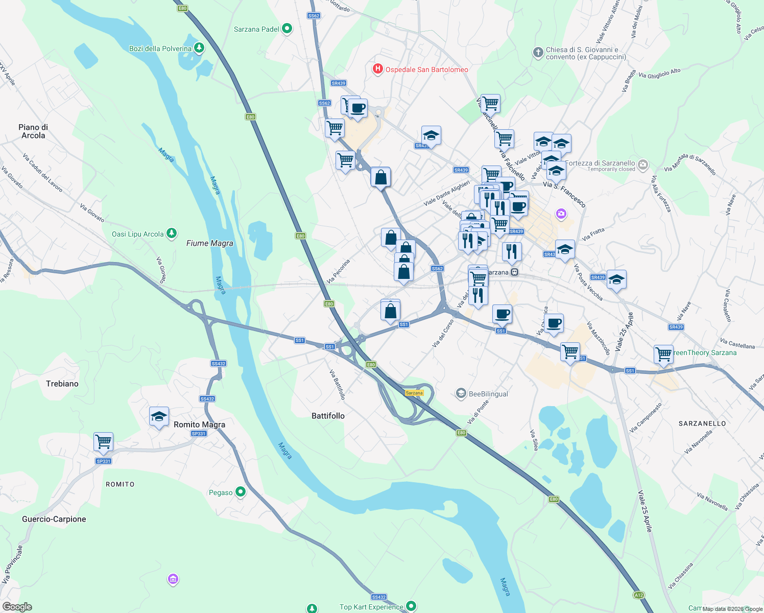 map of restaurants, bars, coffee shops, grocery stores, and more near 145 Via Brigata Partigiana Ugo Muccini in Sarzana