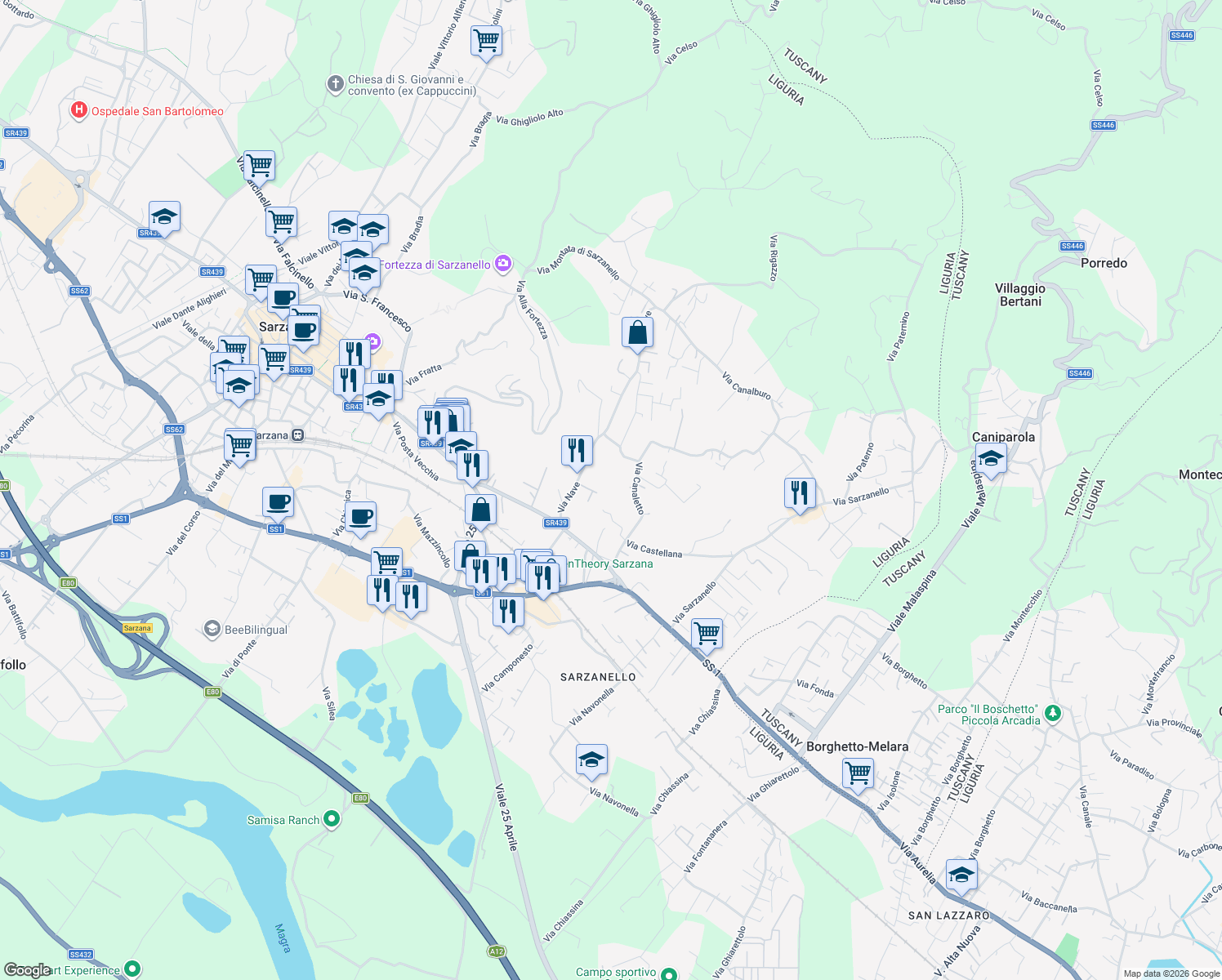 map of restaurants, bars, coffee shops, grocery stores, and more near 22 Via Nave in Sarzana