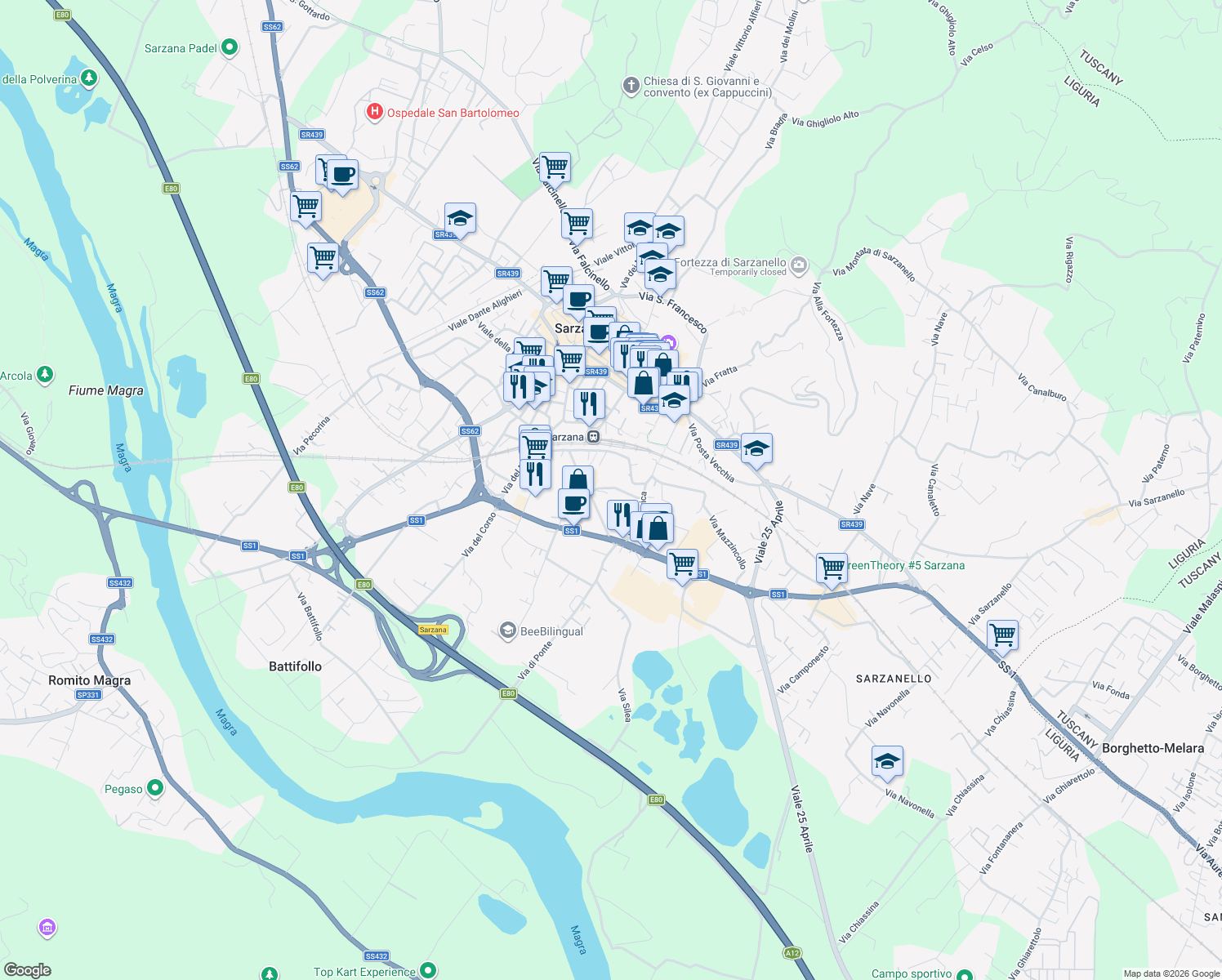 map of restaurants, bars, coffee shops, grocery stores, and more near 22 Via Marina in Sarzana