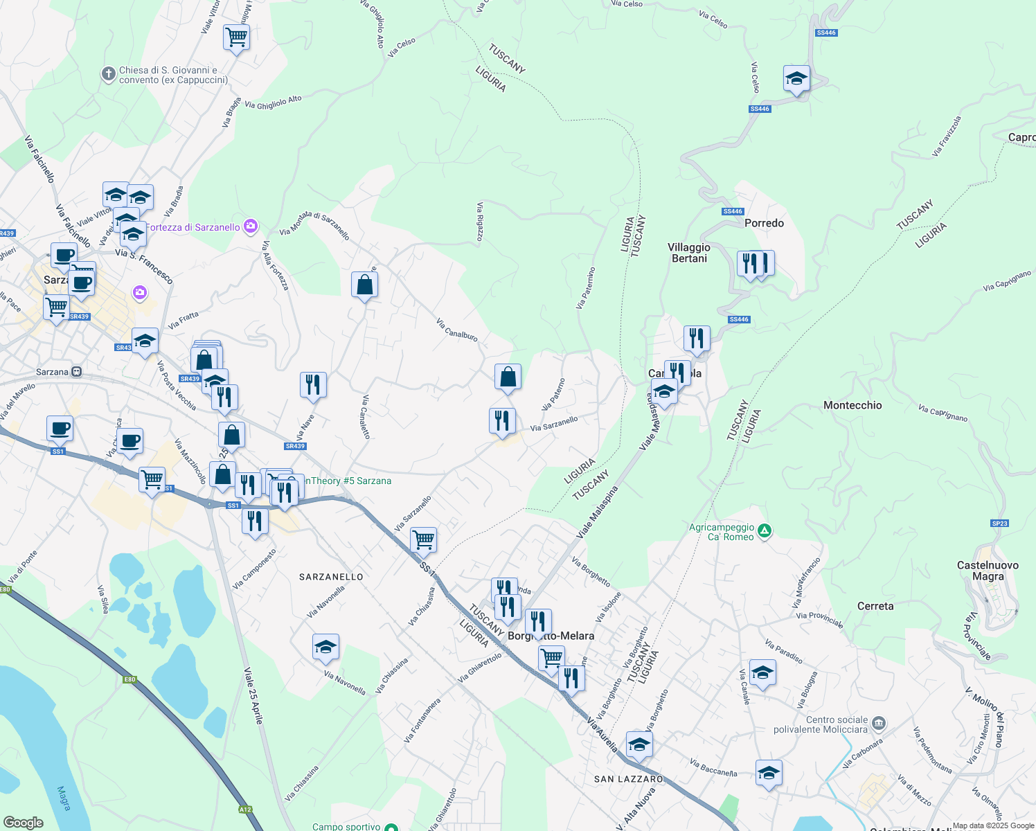 map of restaurants, bars, coffee shops, grocery stores, and more near 2 Via Canalburo in Sarzana