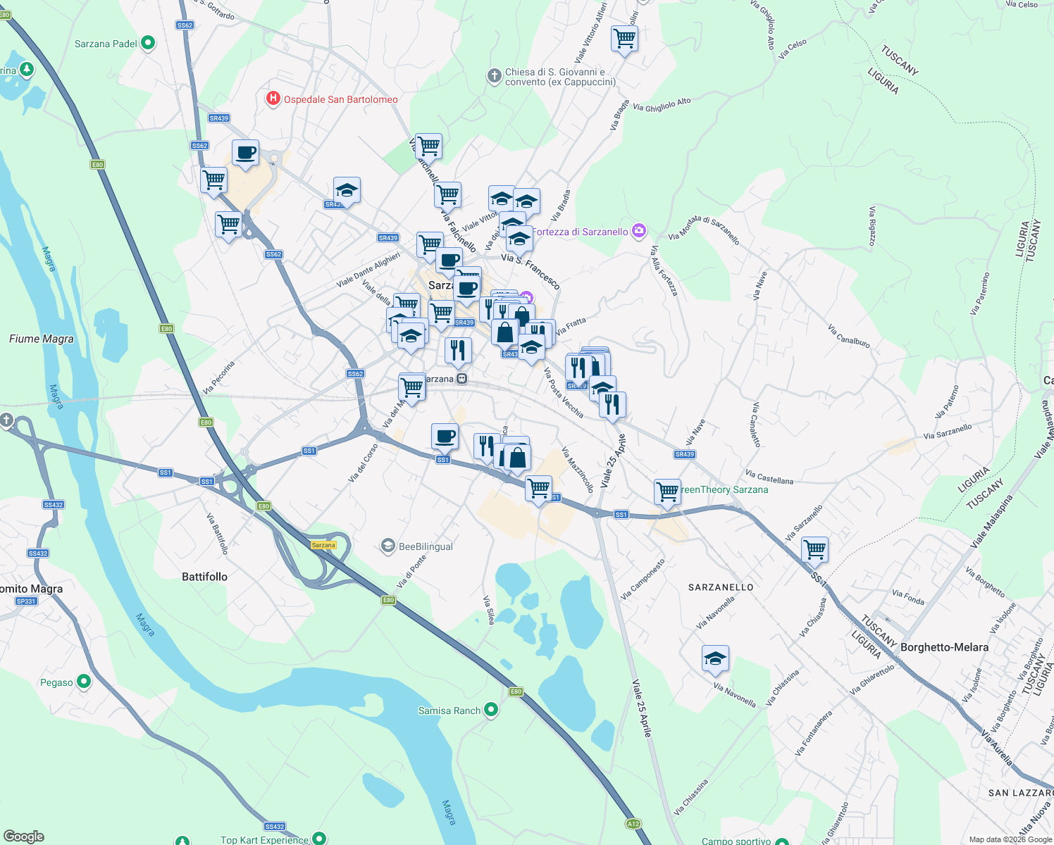 map of restaurants, bars, coffee shops, grocery stores, and more near 2 Via Mazzincollo in Sarzana