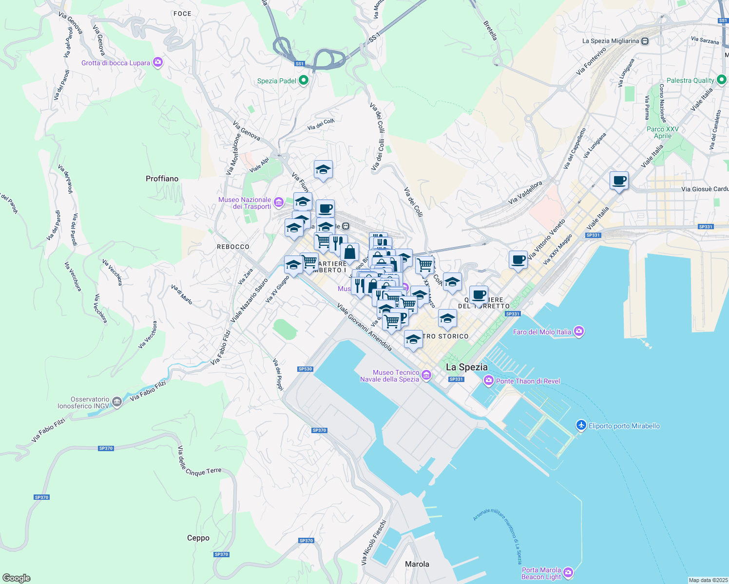 map of restaurants, bars, coffee shops, grocery stores, and more near 245 Corso Camillo Benso Conte di Cavour in La Spezia