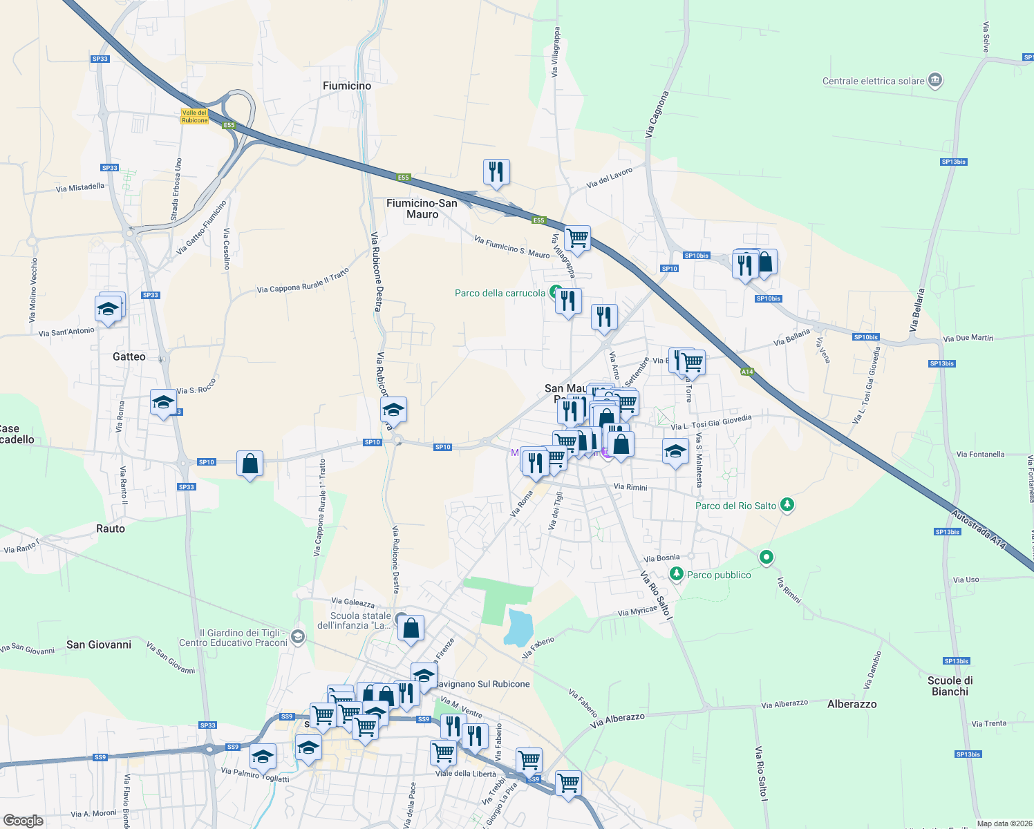 map of restaurants, bars, coffee shops, grocery stores, and more near 42 Via Giotto in San Mauro Pascoli